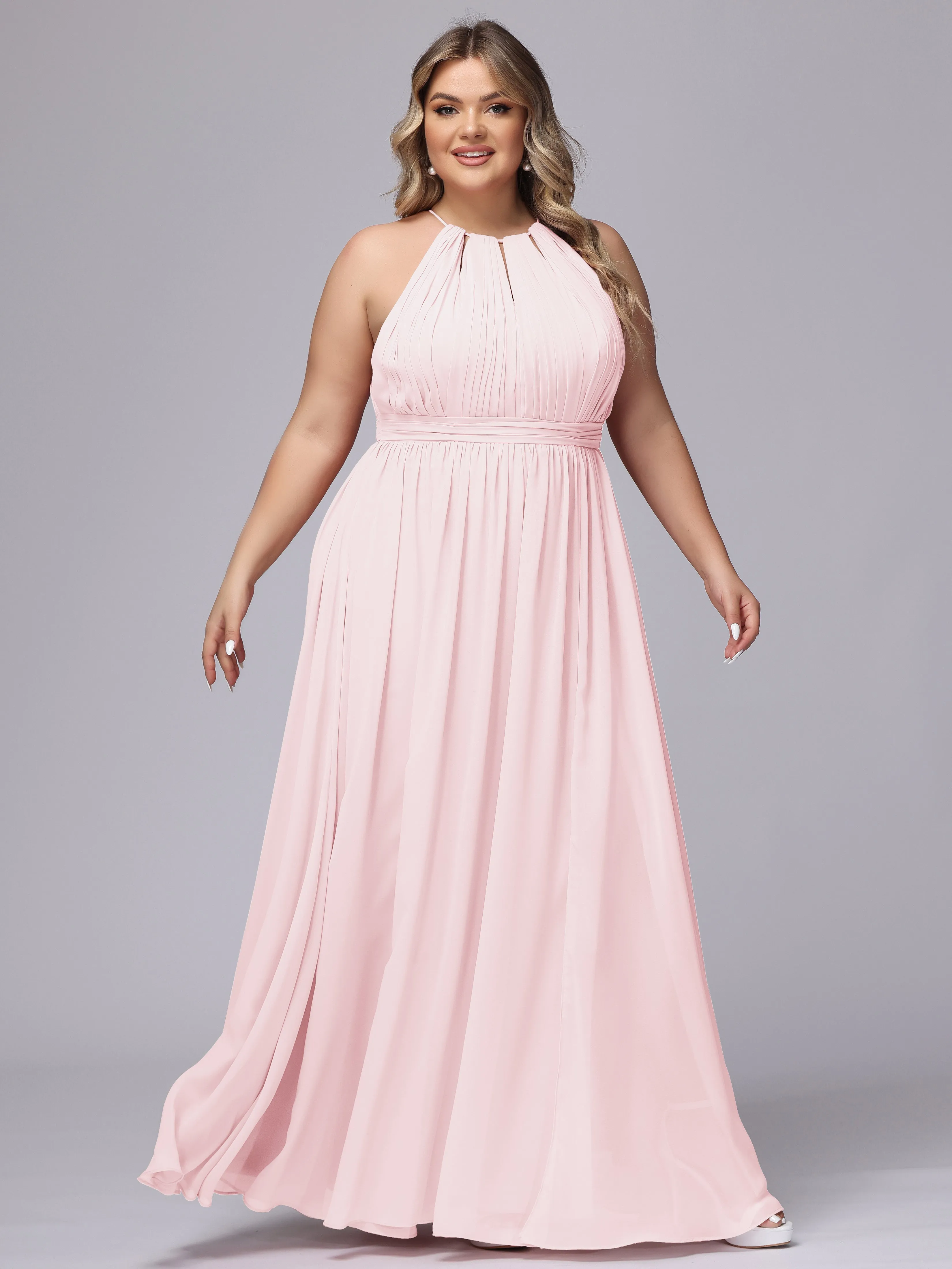 Chiffon Floor Length Halter Plus Size Split Bridesmaid Dresses