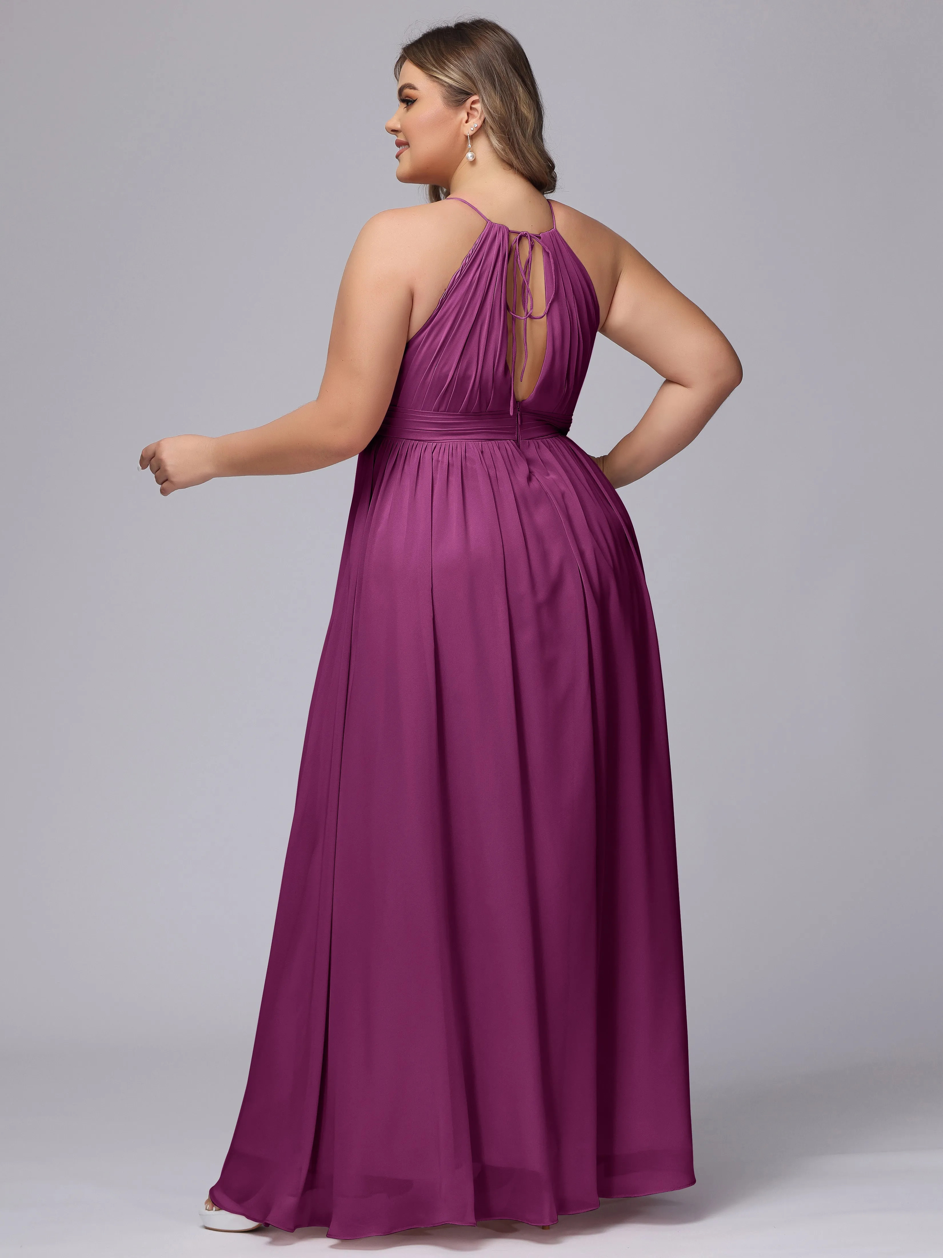 Chiffon Floor Length Halter Plus Size Split Bridesmaid Dresses