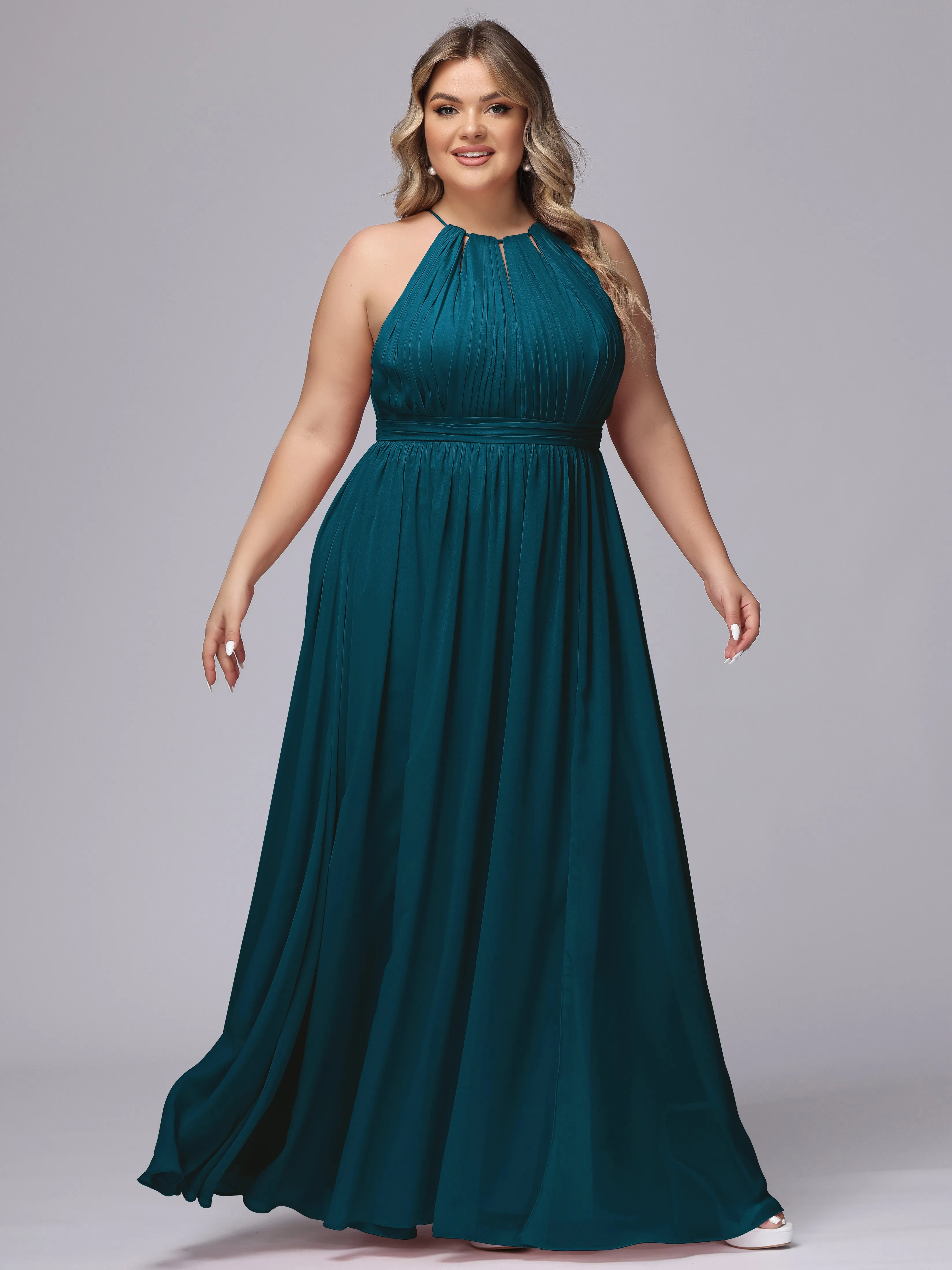 Chiffon Floor Length Halter Plus Size Split Bridesmaid Dresses