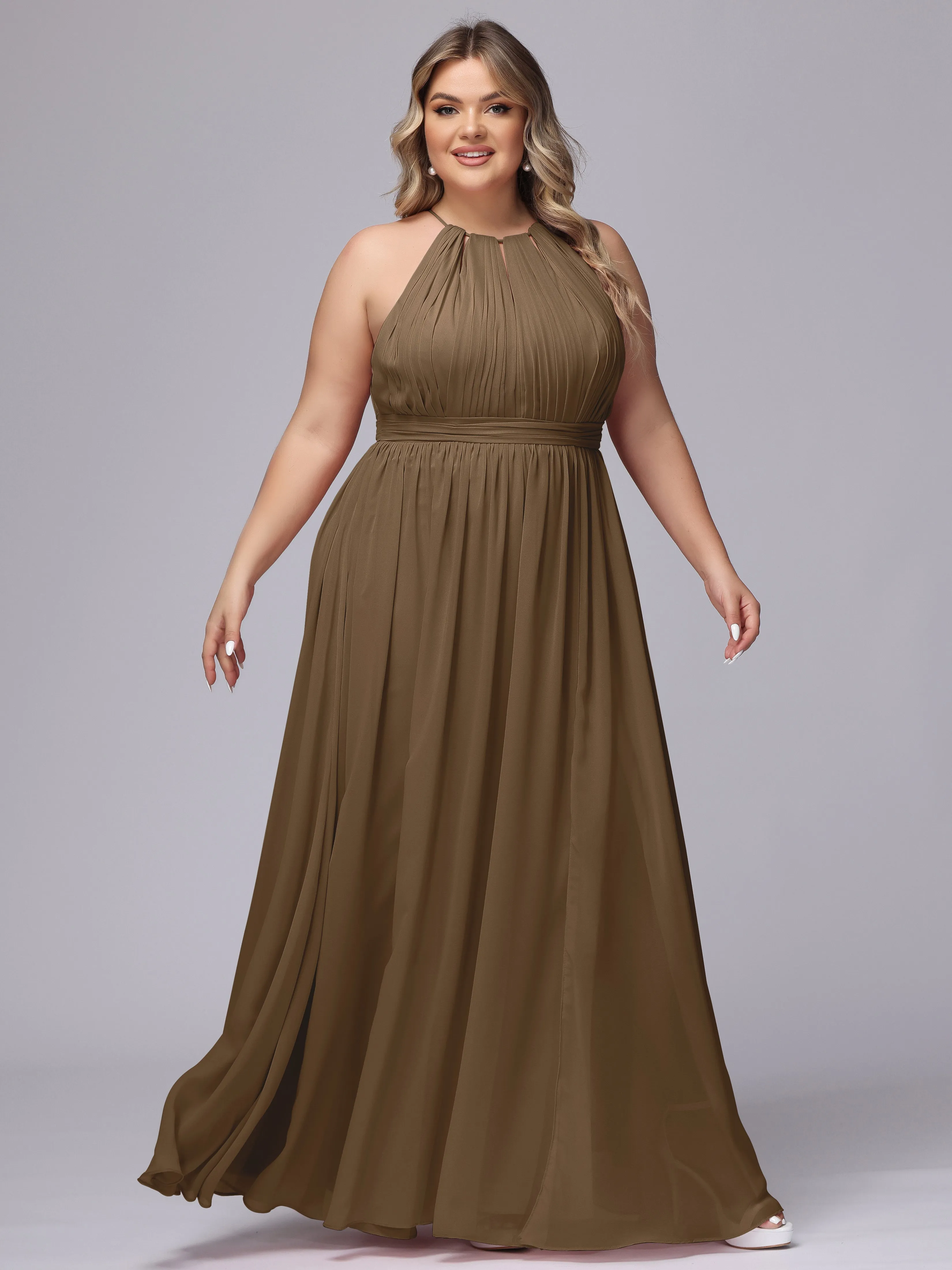 Chiffon Floor Length Halter Plus Size Split Bridesmaid Dresses