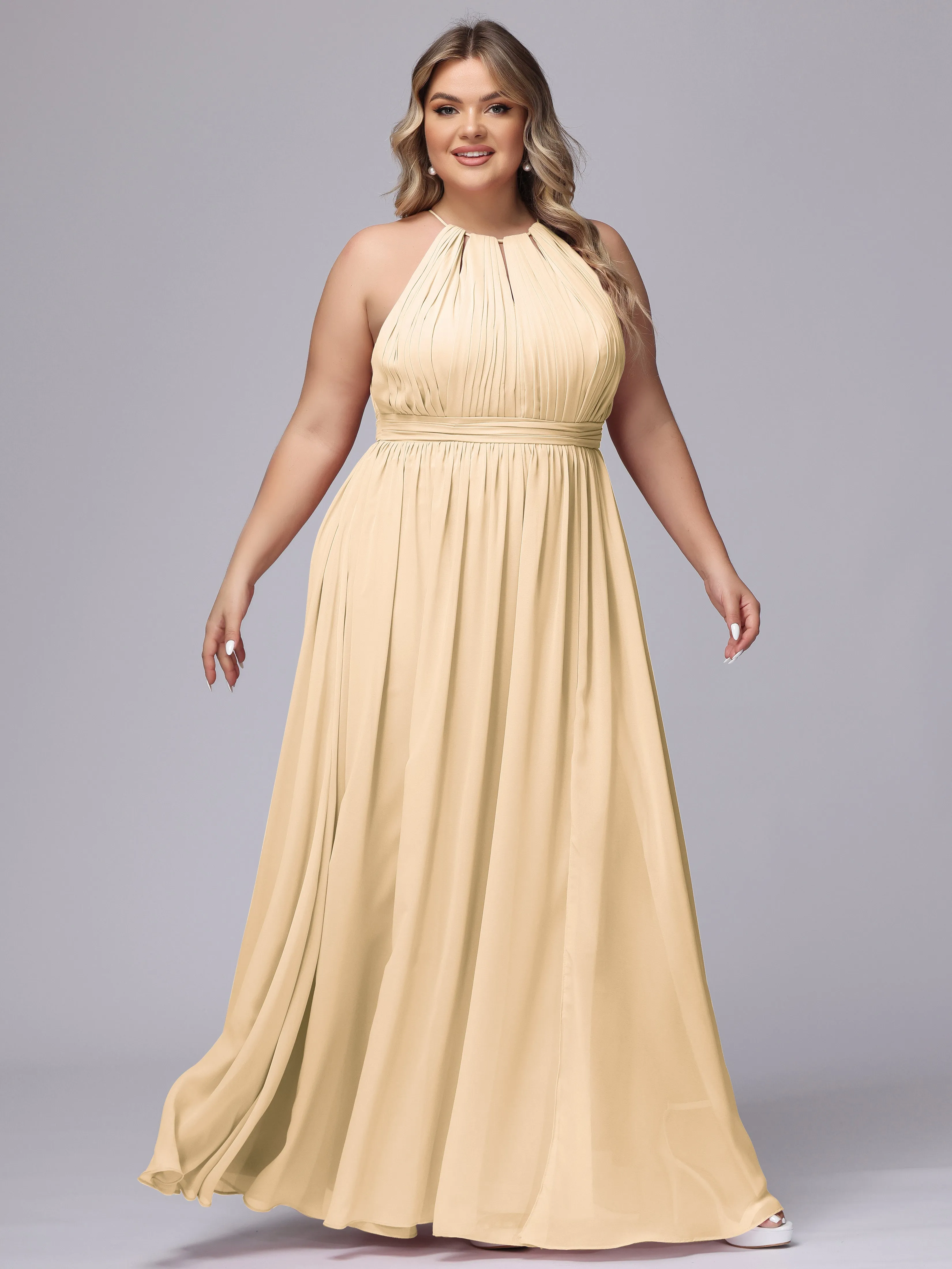 Chiffon Floor Length Halter Plus Size Split Bridesmaid Dresses