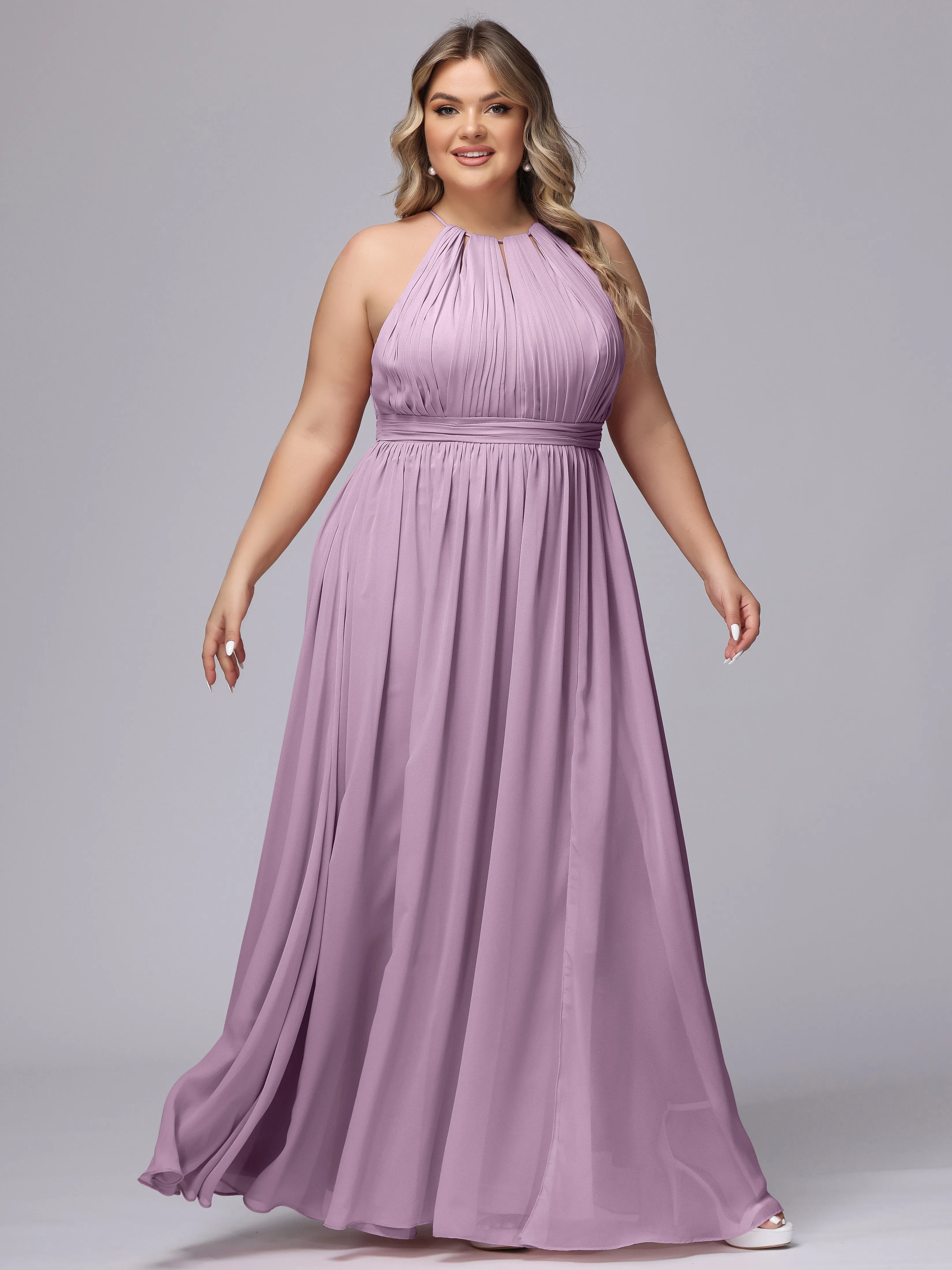 Chiffon Floor Length Halter Plus Size Split Bridesmaid Dresses