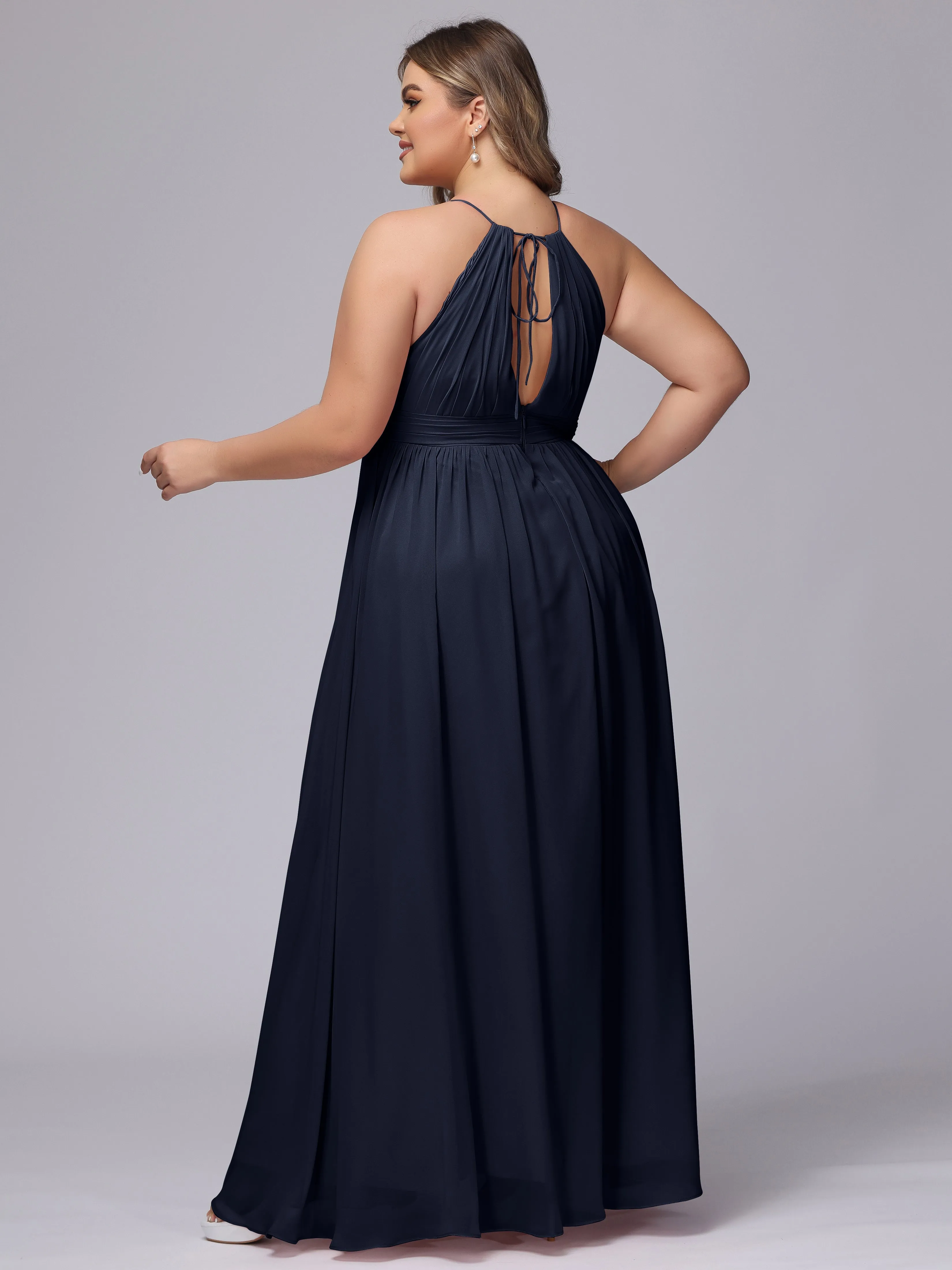 Chiffon Floor Length Halter Plus Size Split Bridesmaid Dresses