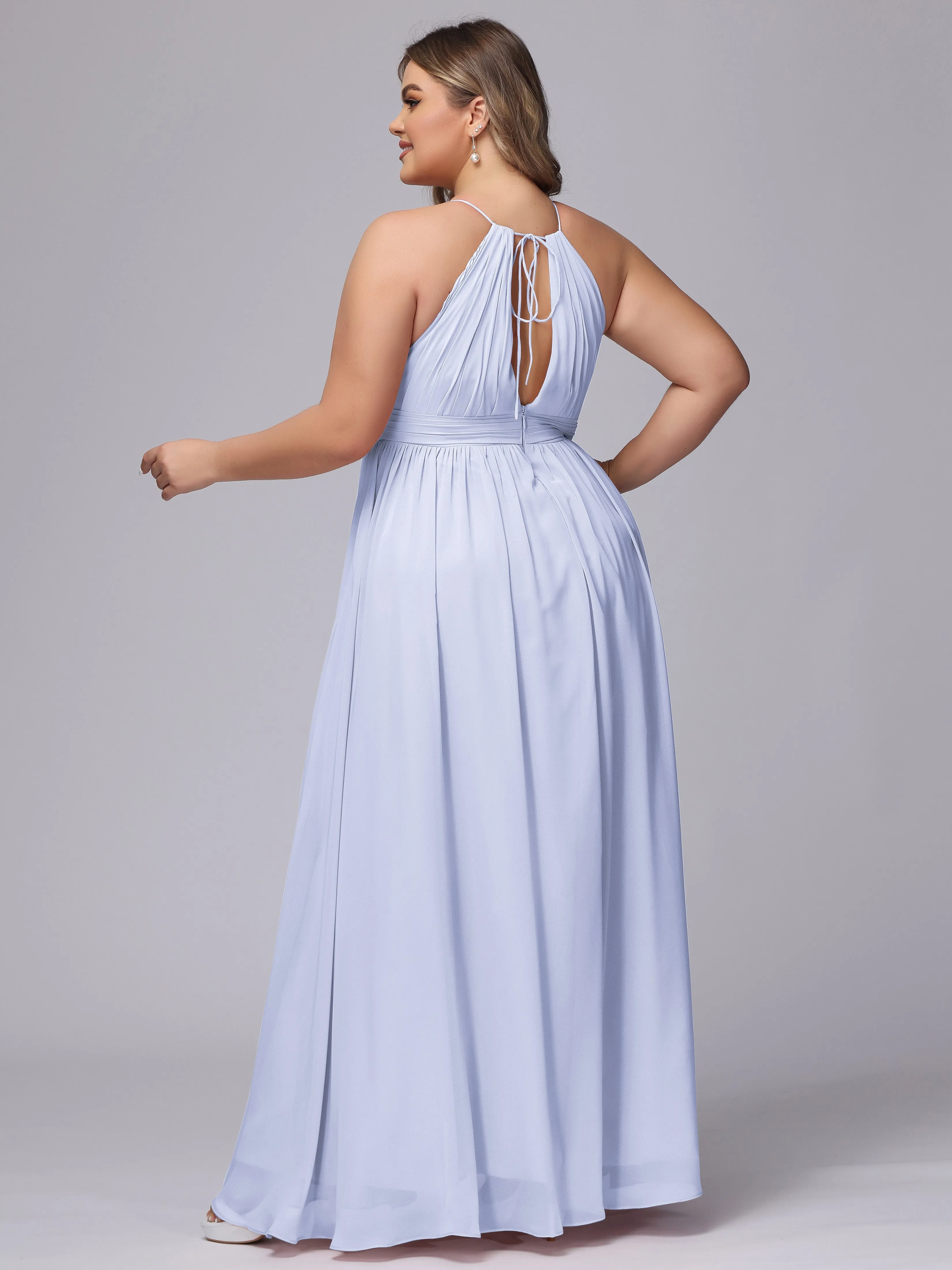 Chiffon Floor Length Halter Plus Size Split Bridesmaid Dresses