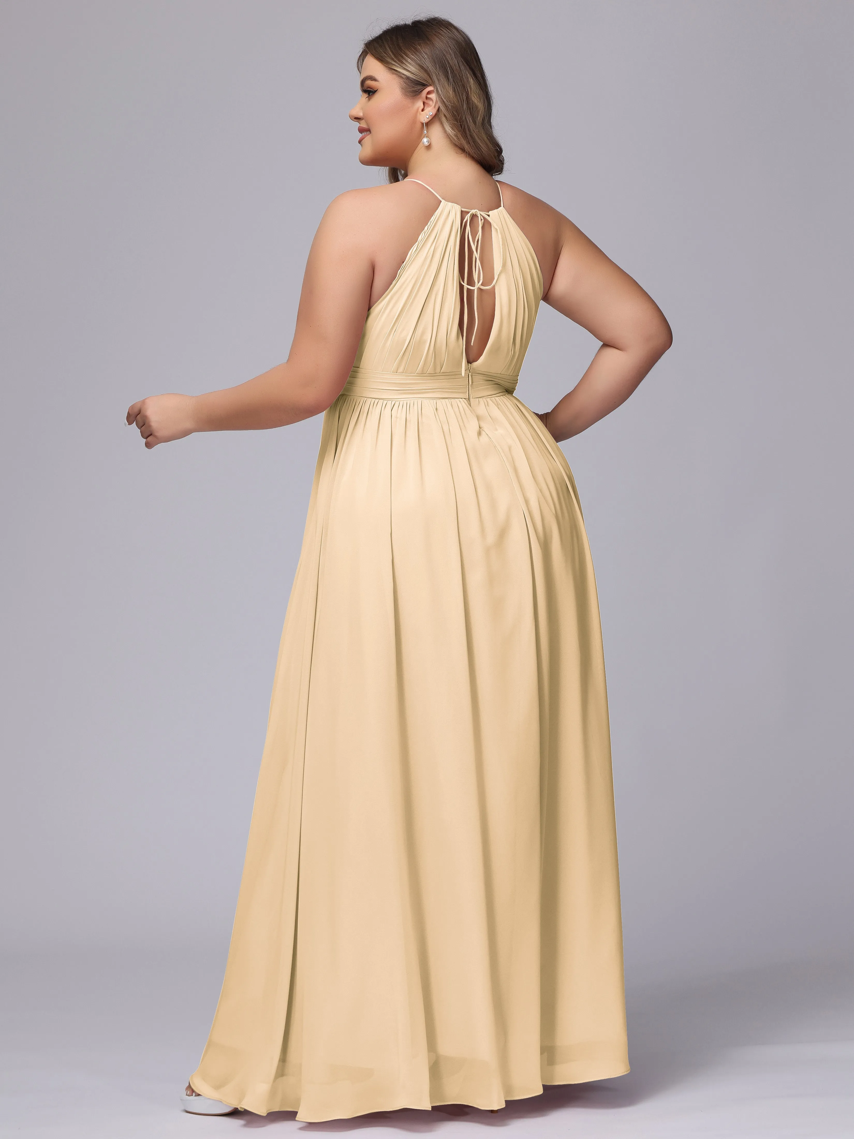 Chiffon Floor Length Halter Plus Size Split Bridesmaid Dresses