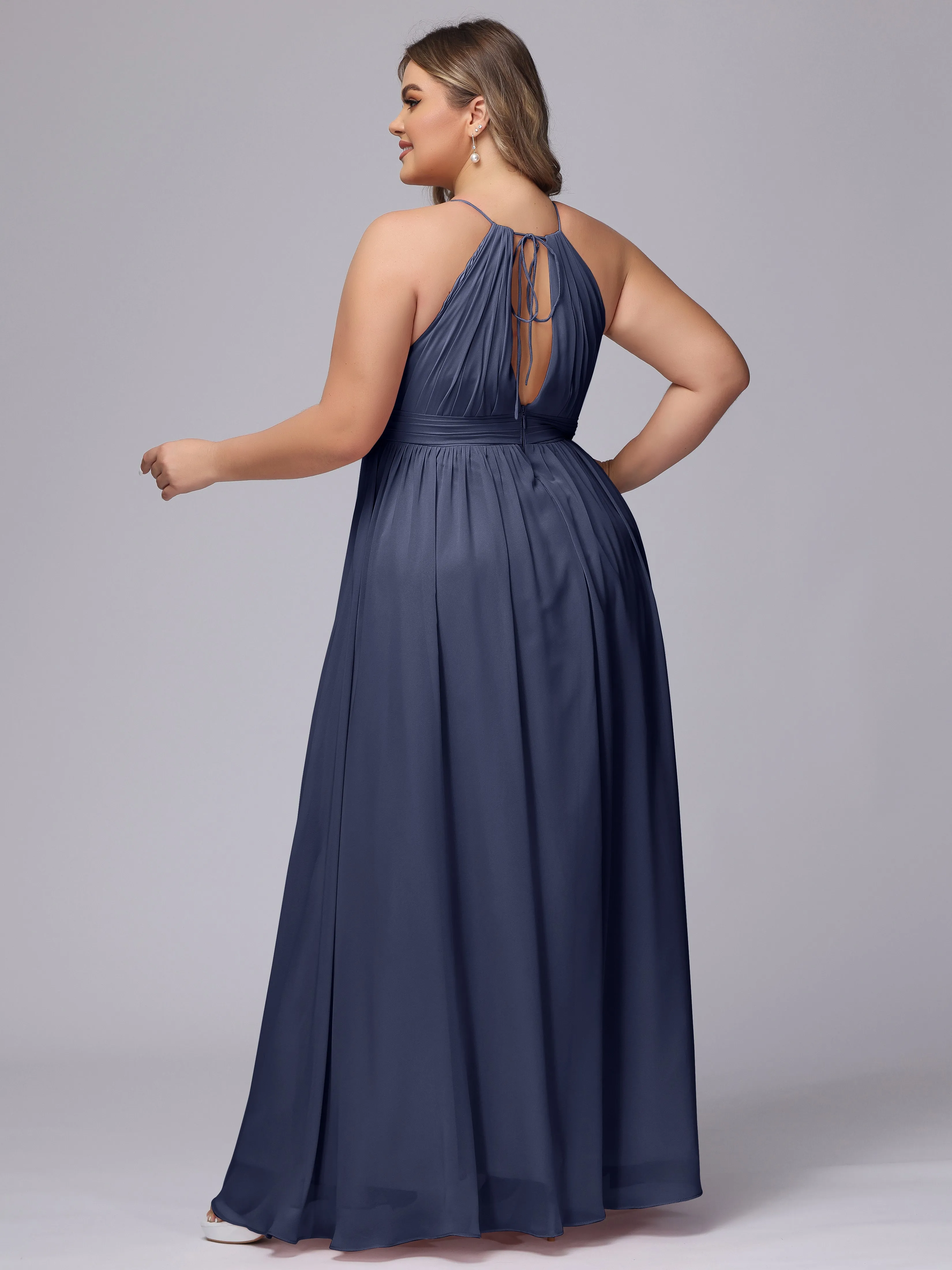 Chiffon Floor Length Halter Plus Size Split Bridesmaid Dresses