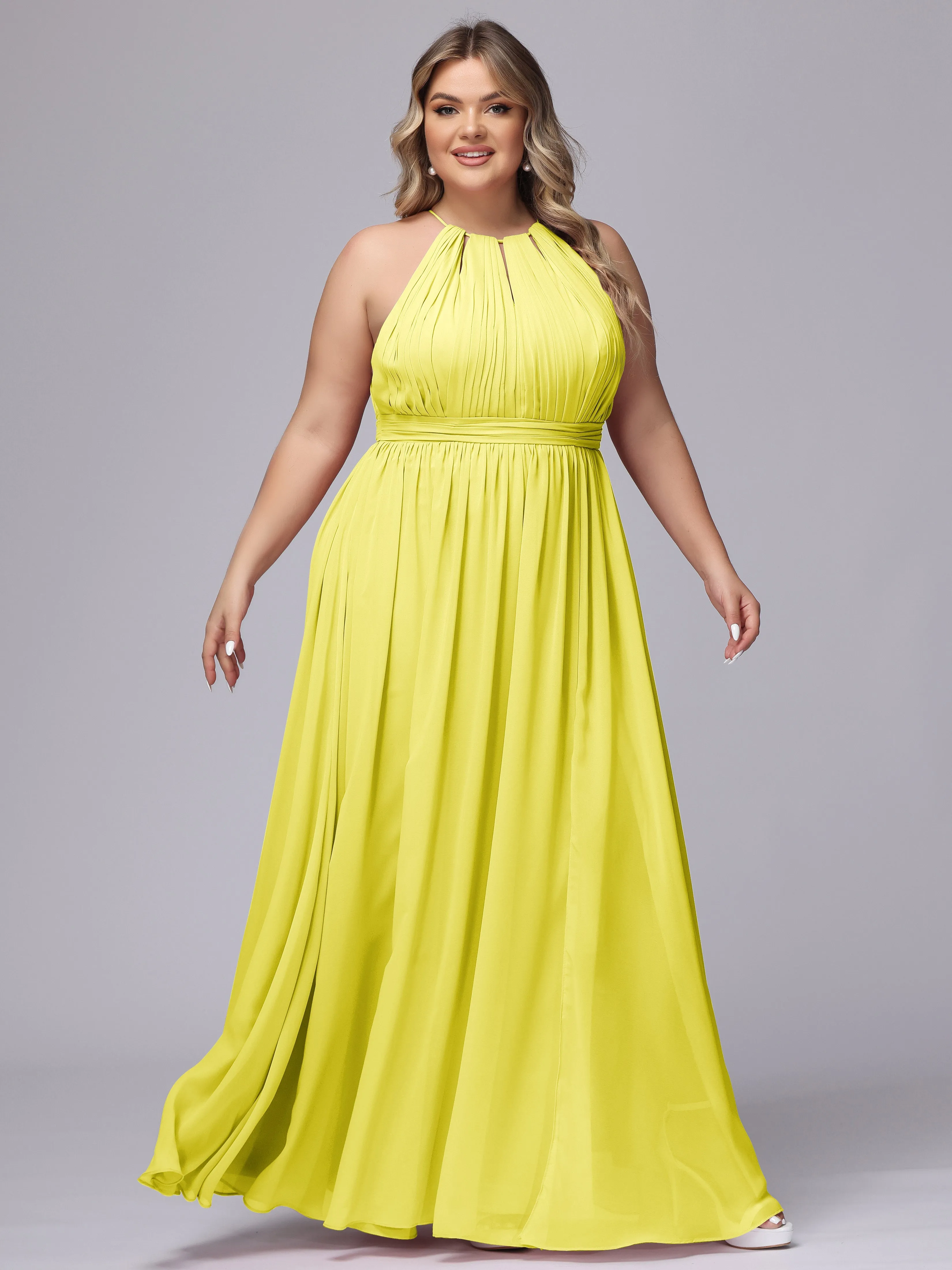 Chiffon Floor Length Halter Plus Size Split Bridesmaid Dresses