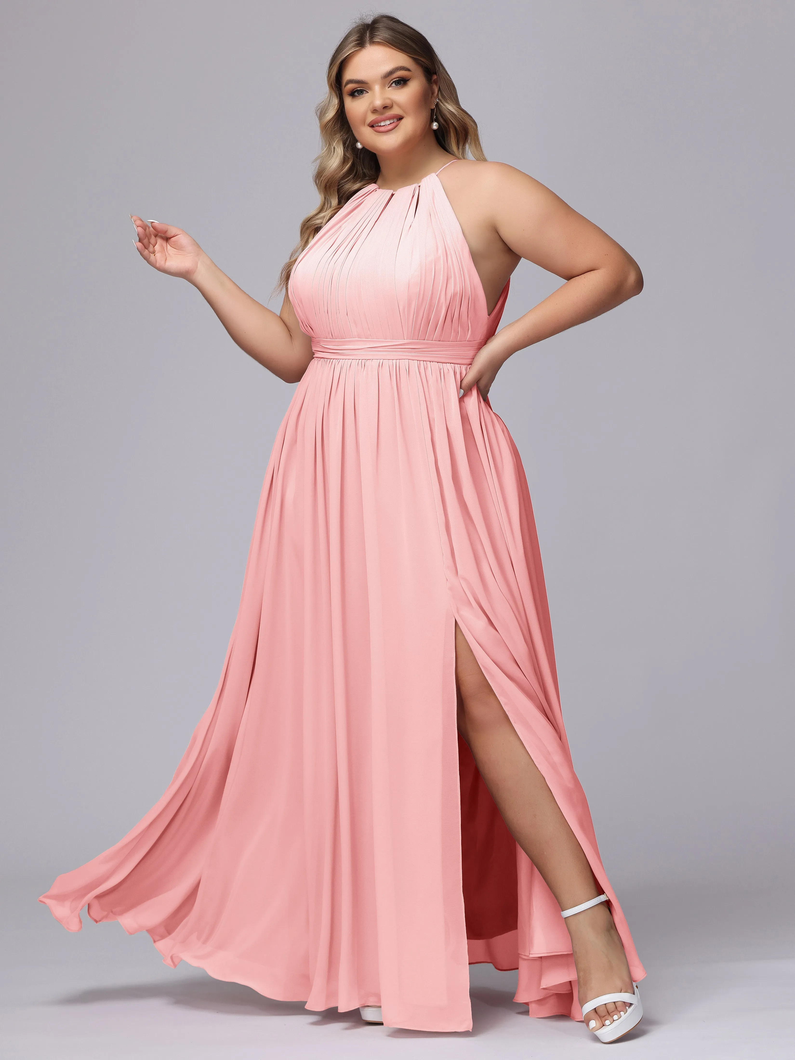 Chiffon Floor Length Halter Plus Size Split Bridesmaid Dresses