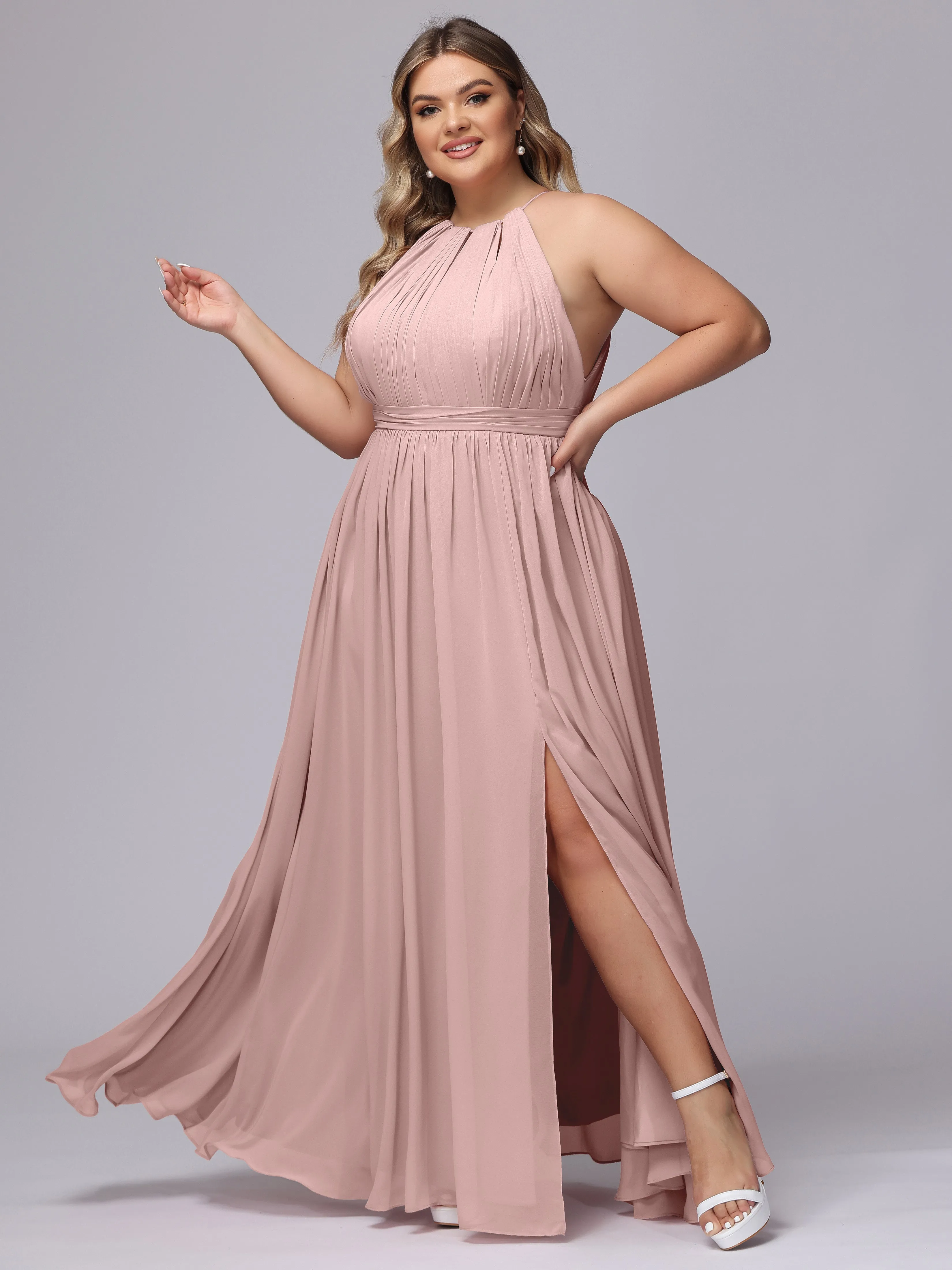 Chiffon Floor Length Halter Plus Size Split Bridesmaid Dresses