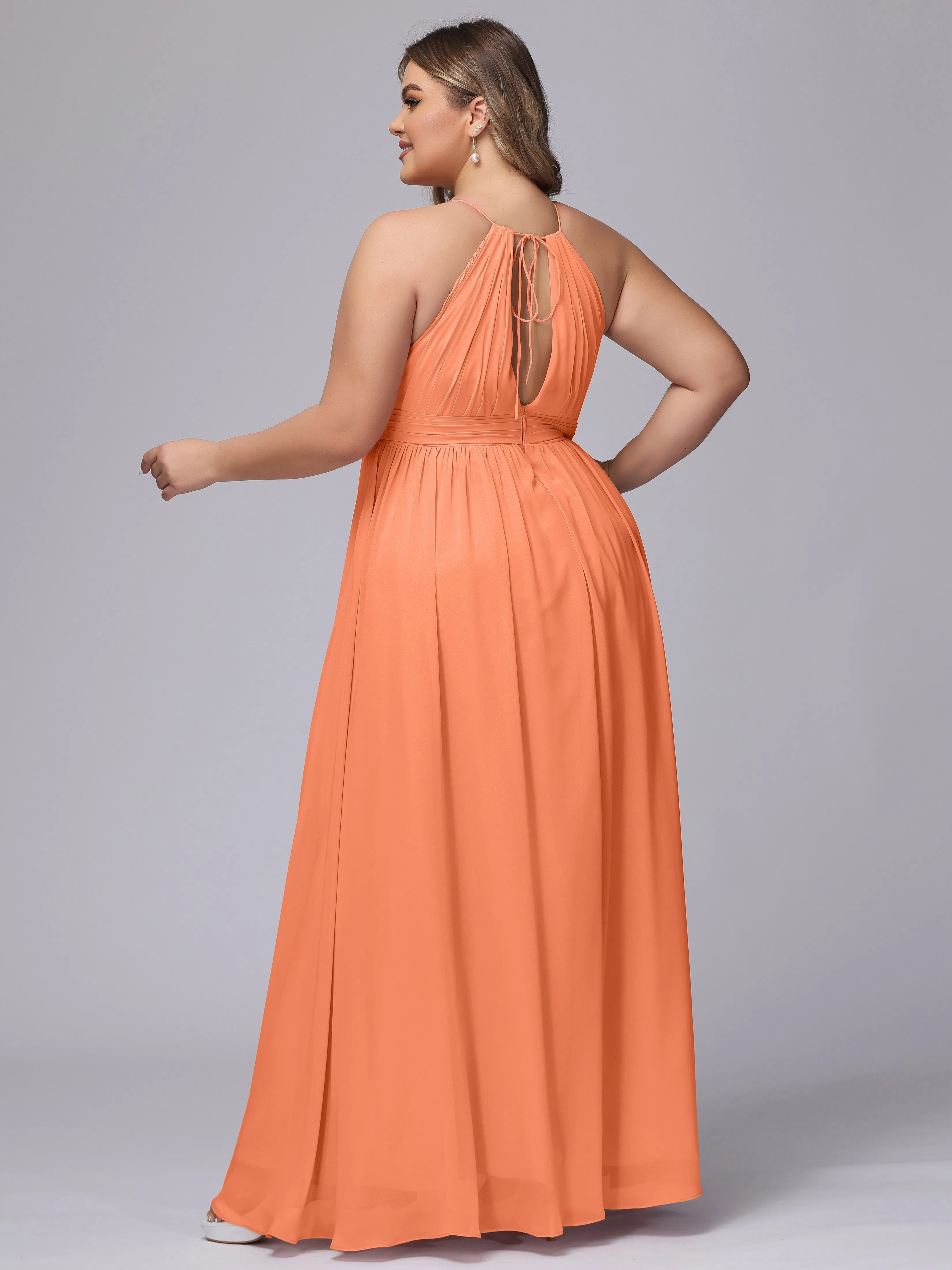 Chiffon Floor Length Halter Plus Size Split Bridesmaid Dresses