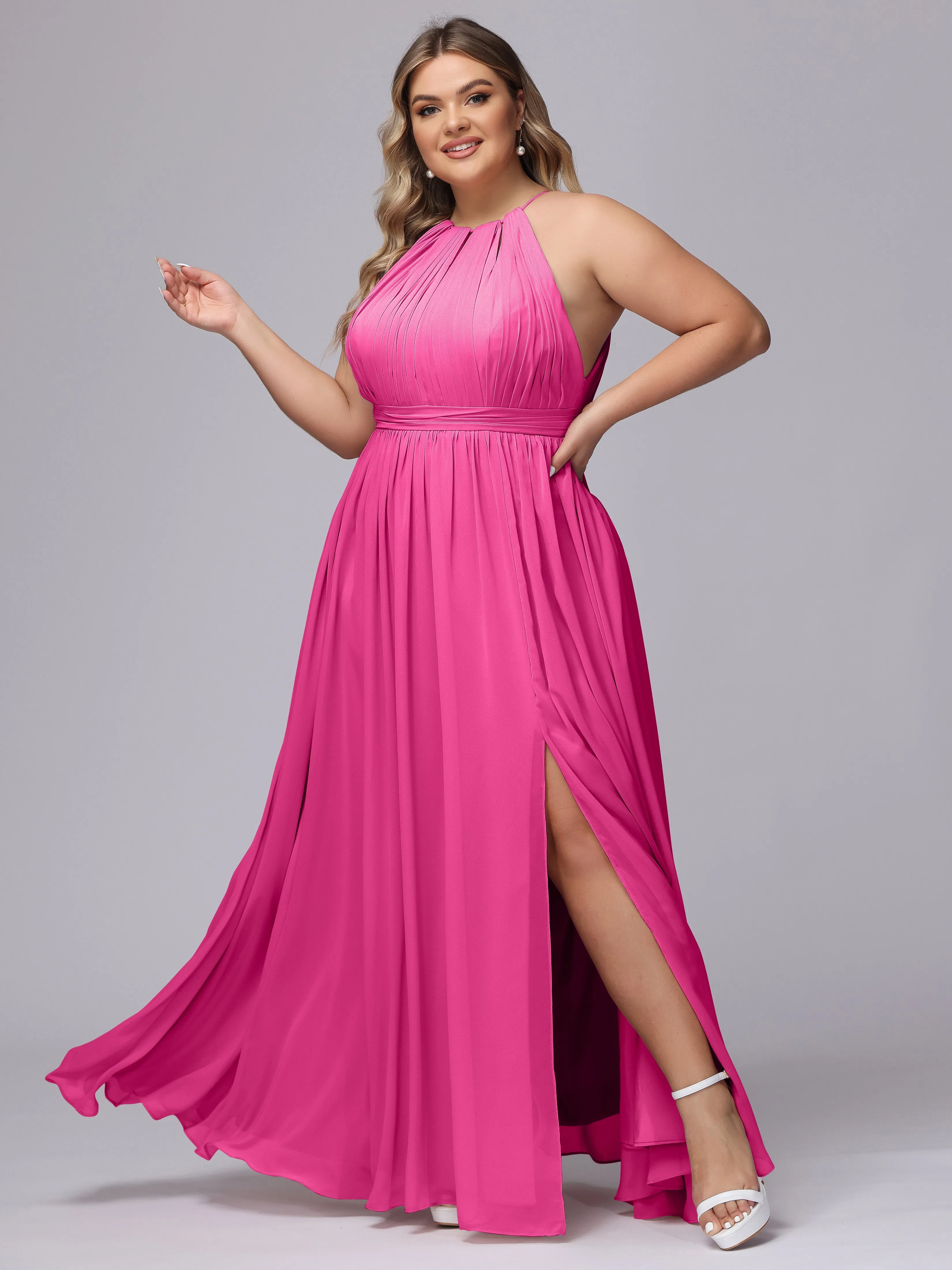 Chiffon Floor Length Halter Plus Size Split Bridesmaid Dresses