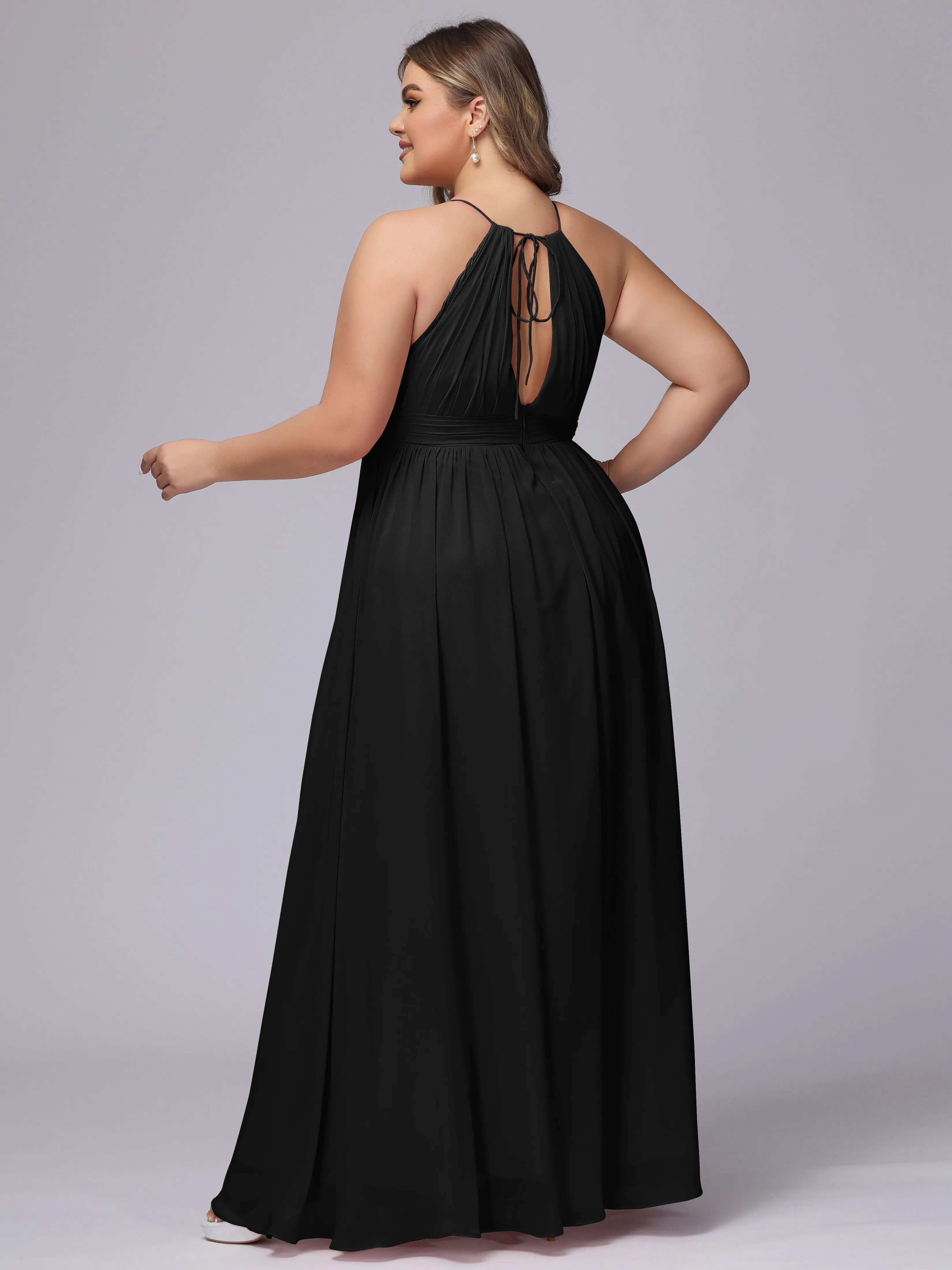Chiffon Floor Length Halter Plus Size Split Bridesmaid Dresses