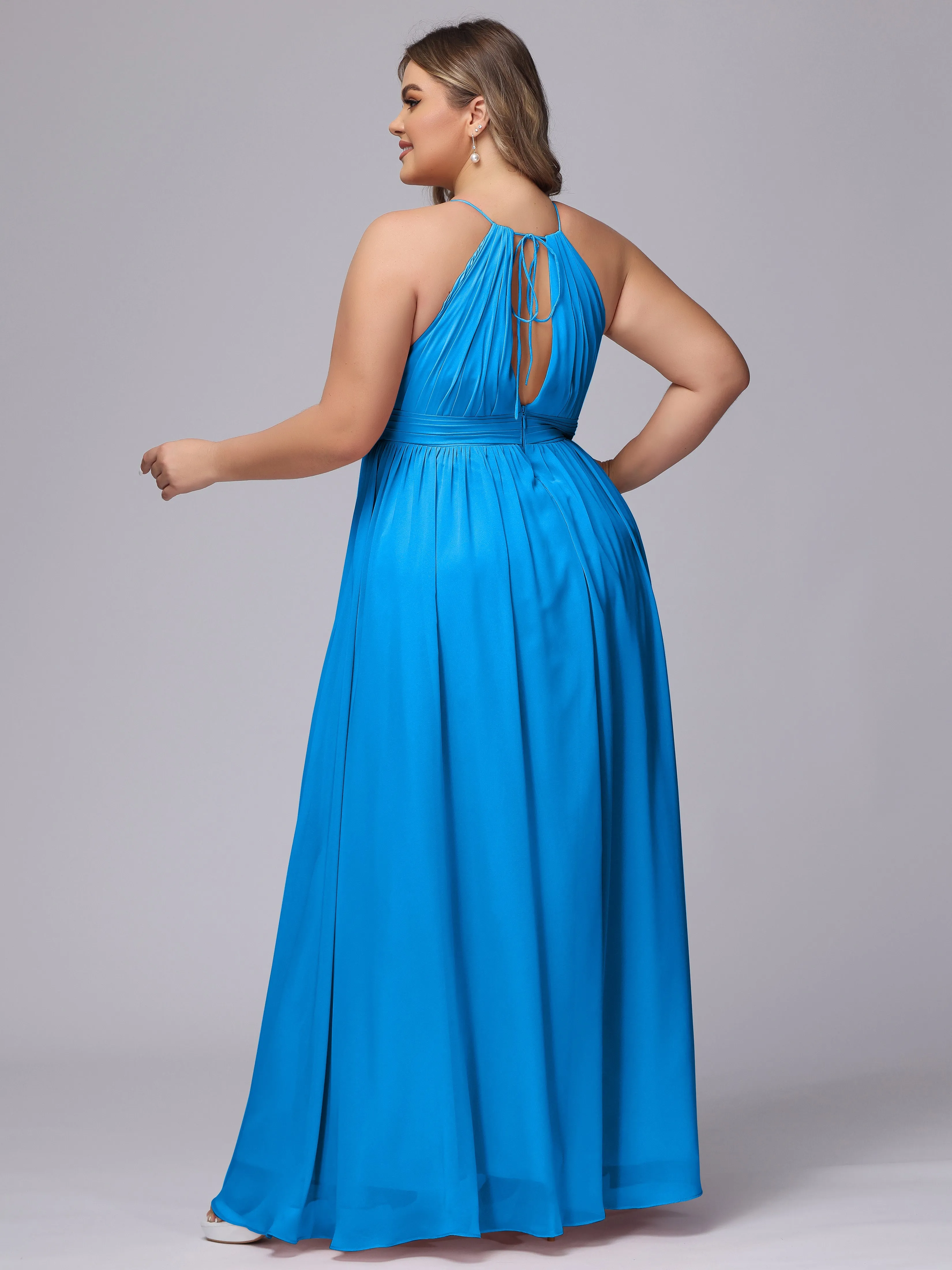 Chiffon Floor Length Halter Plus Size Split Bridesmaid Dresses