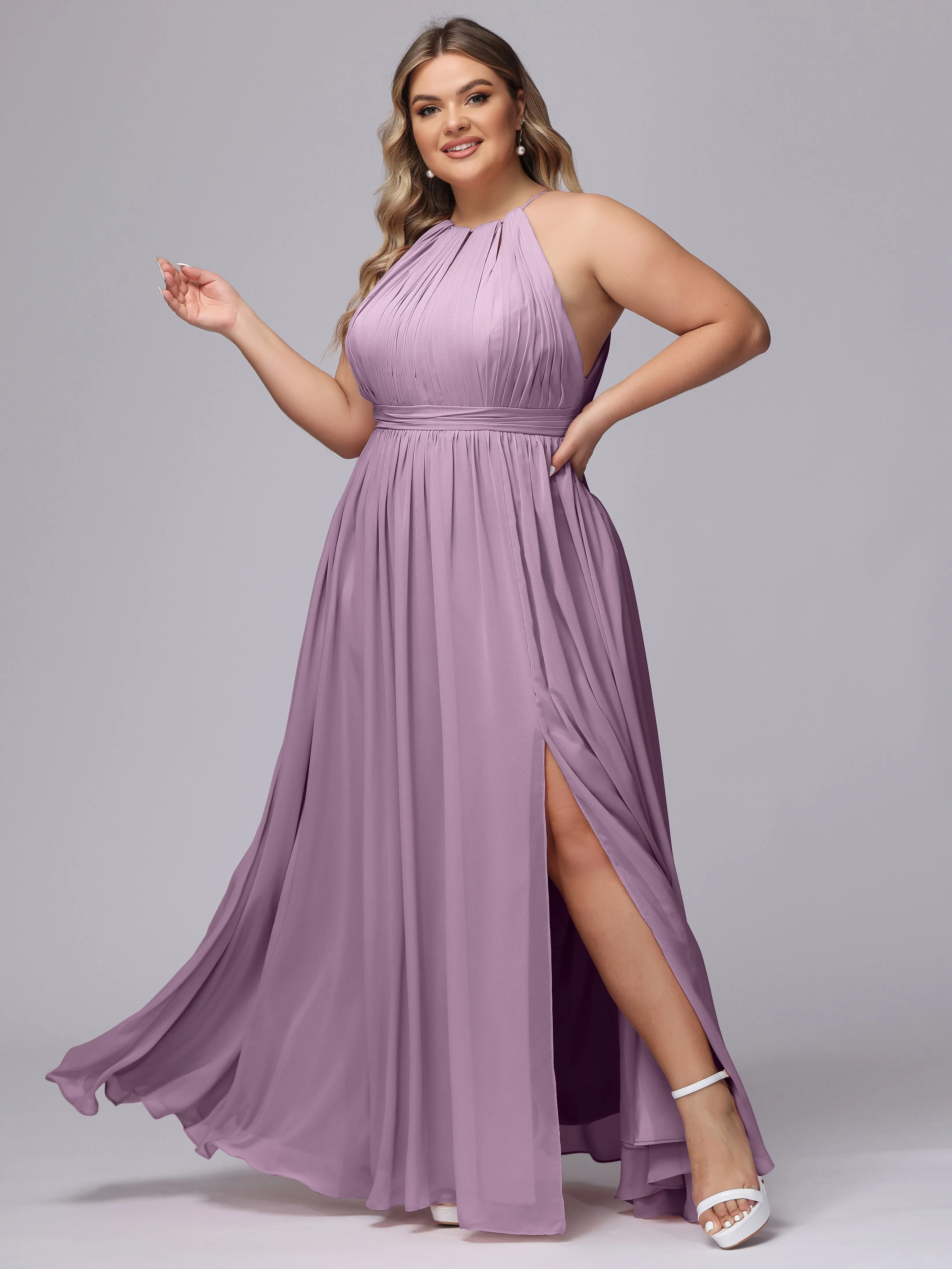 Chiffon Floor Length Halter Plus Size Split Bridesmaid Dresses