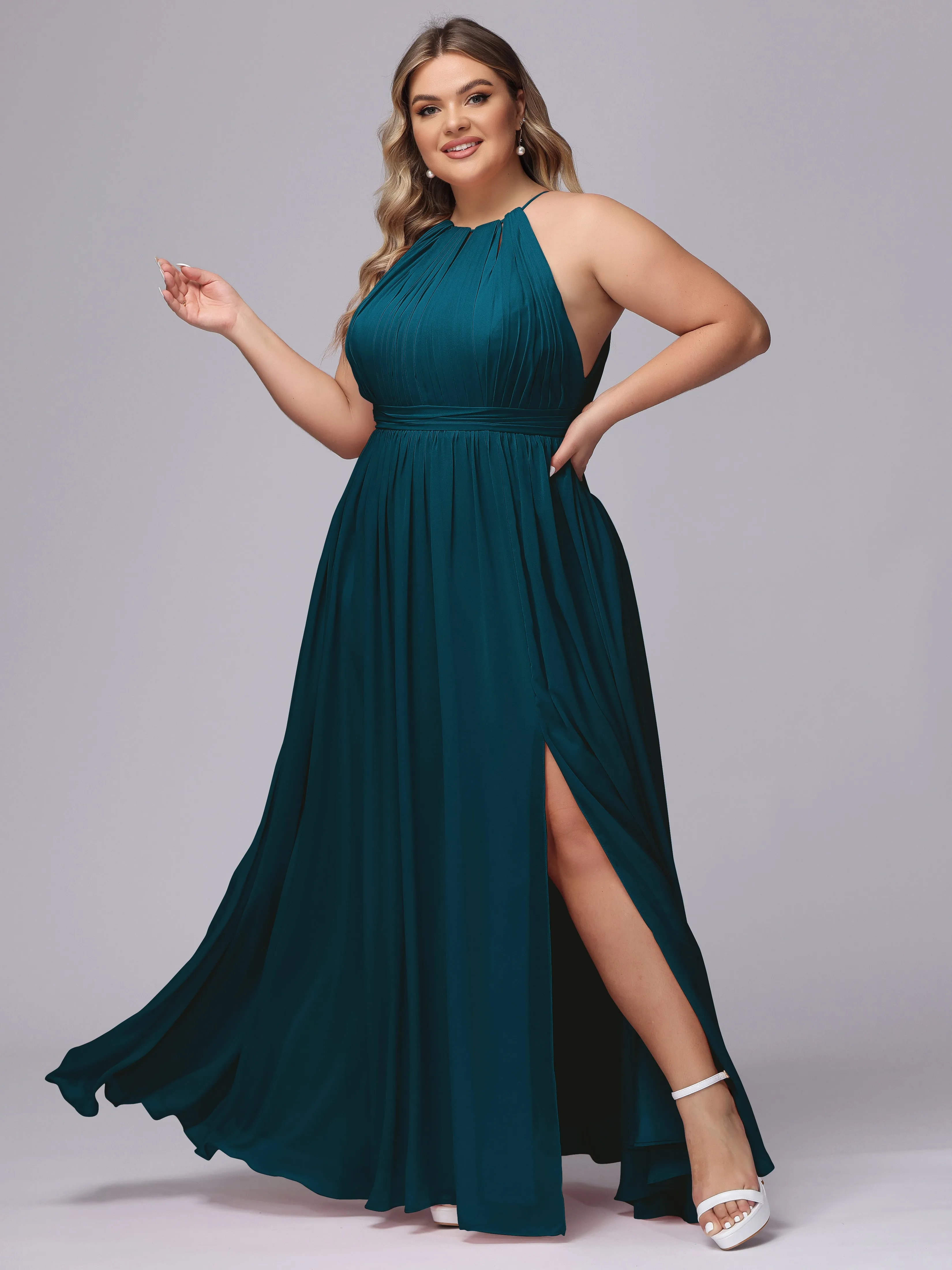 Chiffon Floor Length Halter Plus Size Split Bridesmaid Dresses