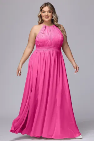 Chiffon Floor Length Halter Plus Size Split Bridesmaid Dresses