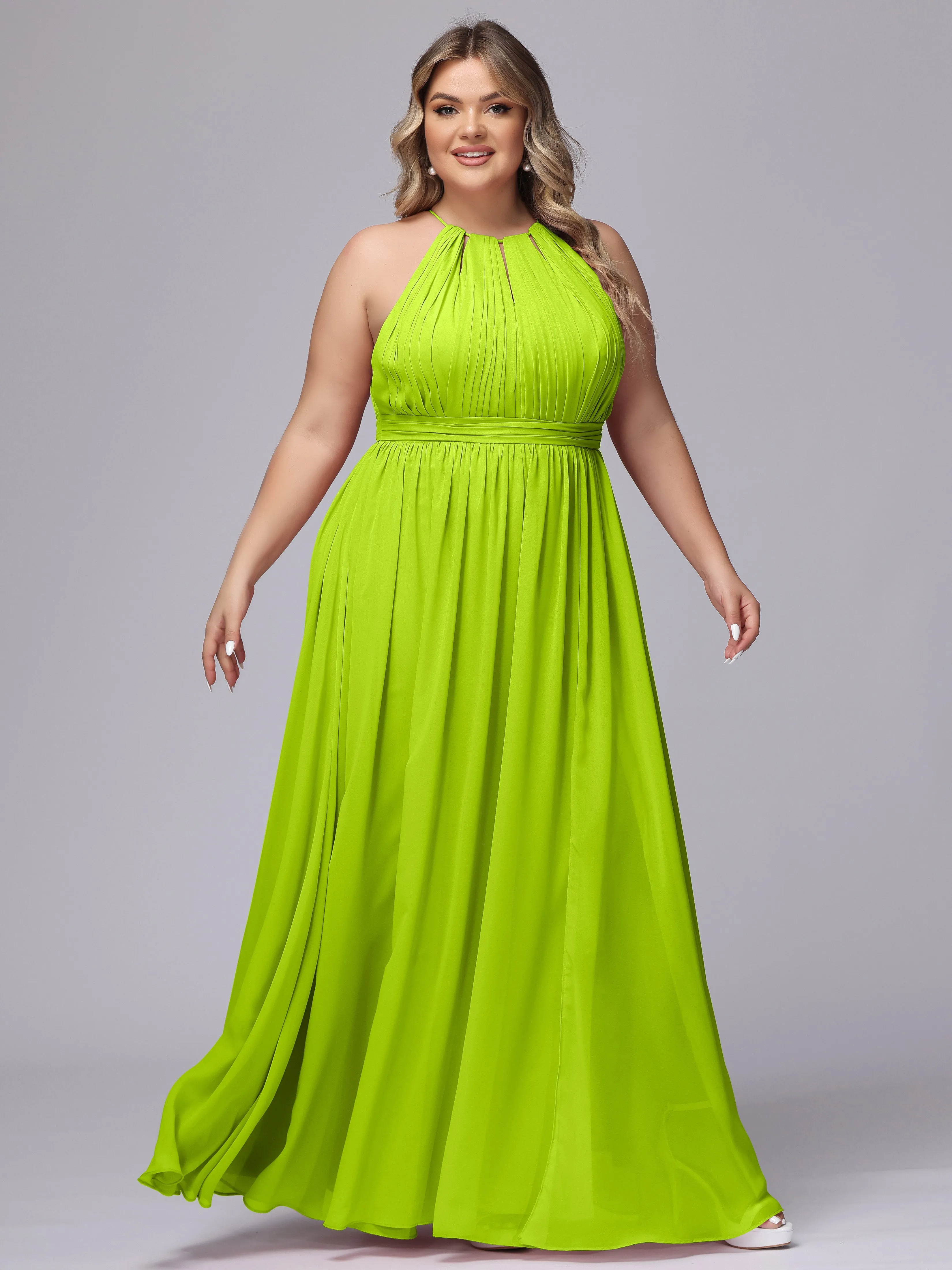 Chiffon Floor Length Halter Plus Size Split Bridesmaid Dresses