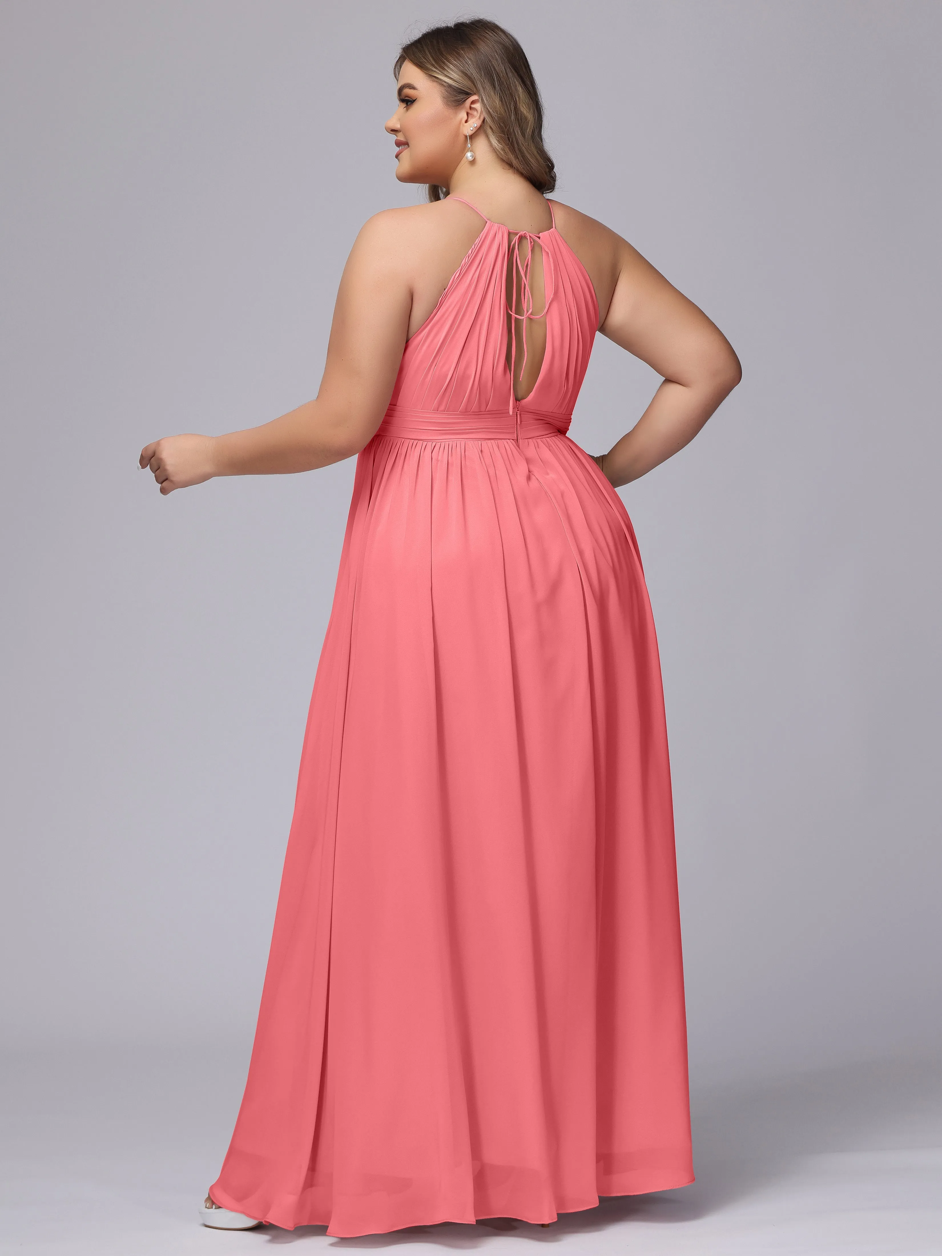 Chiffon Floor Length Halter Plus Size Split Bridesmaid Dresses