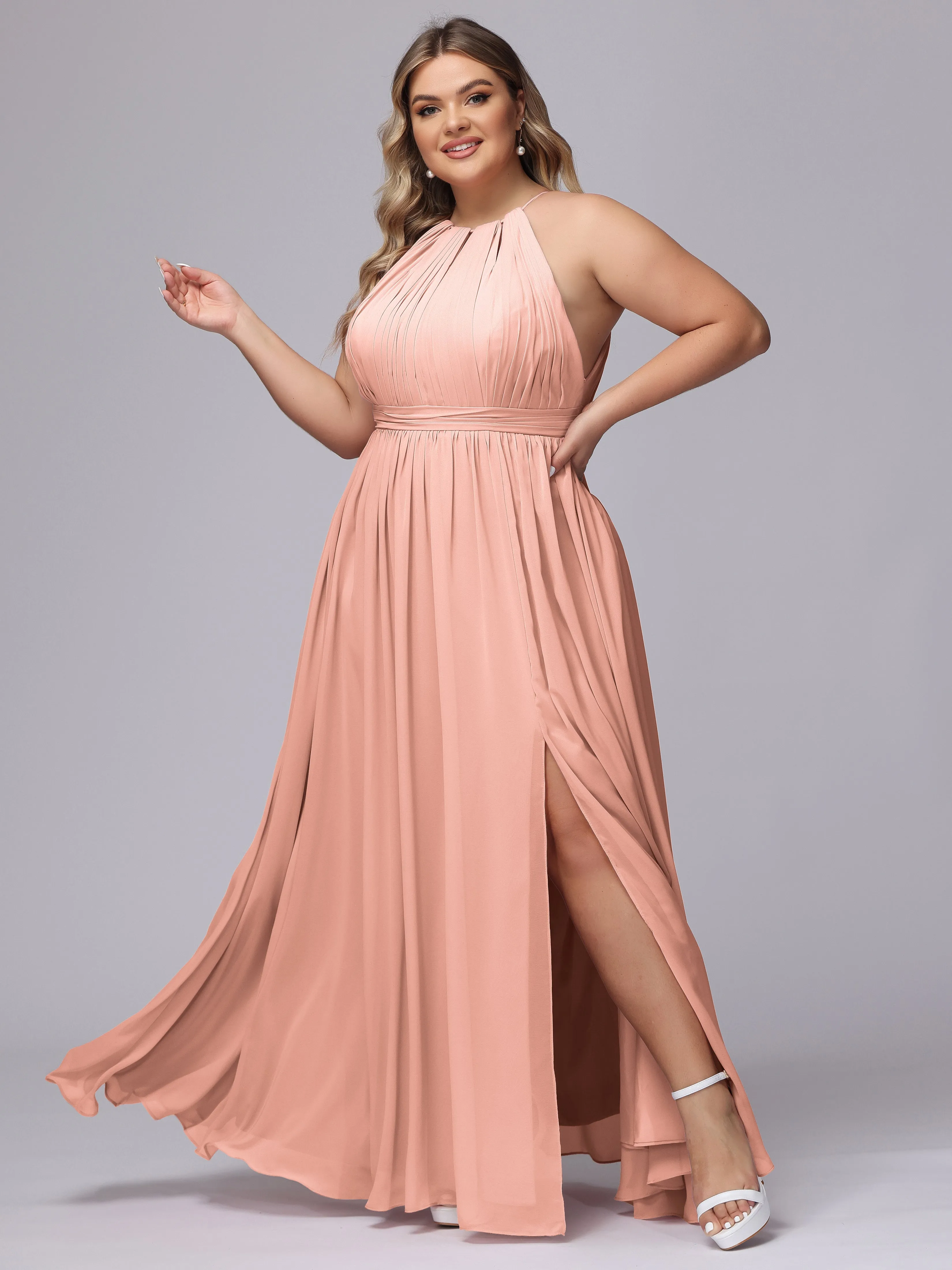 Chiffon Floor Length Halter Plus Size Split Bridesmaid Dresses
