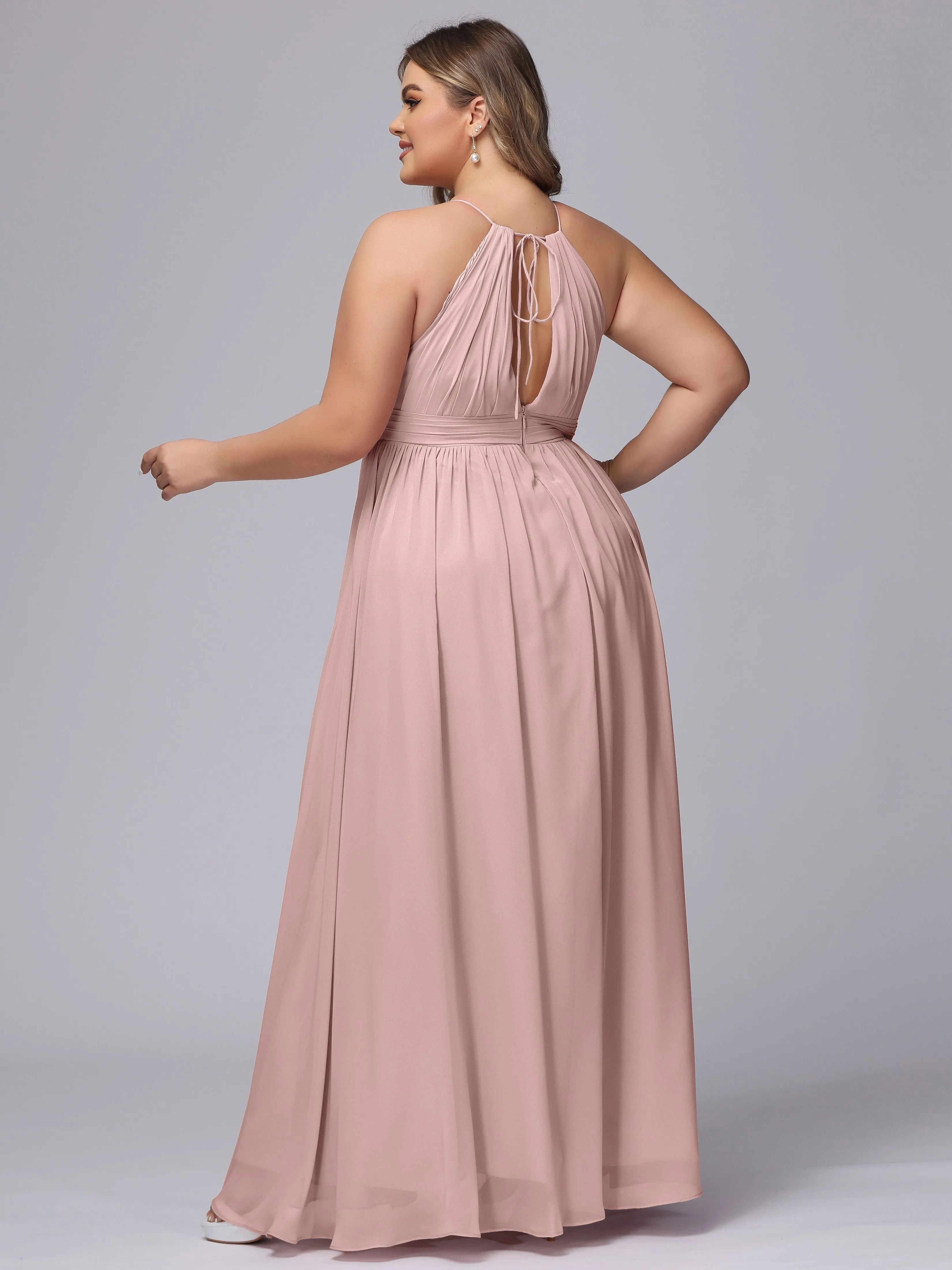 Chiffon Floor Length Halter Plus Size Split Bridesmaid Dresses