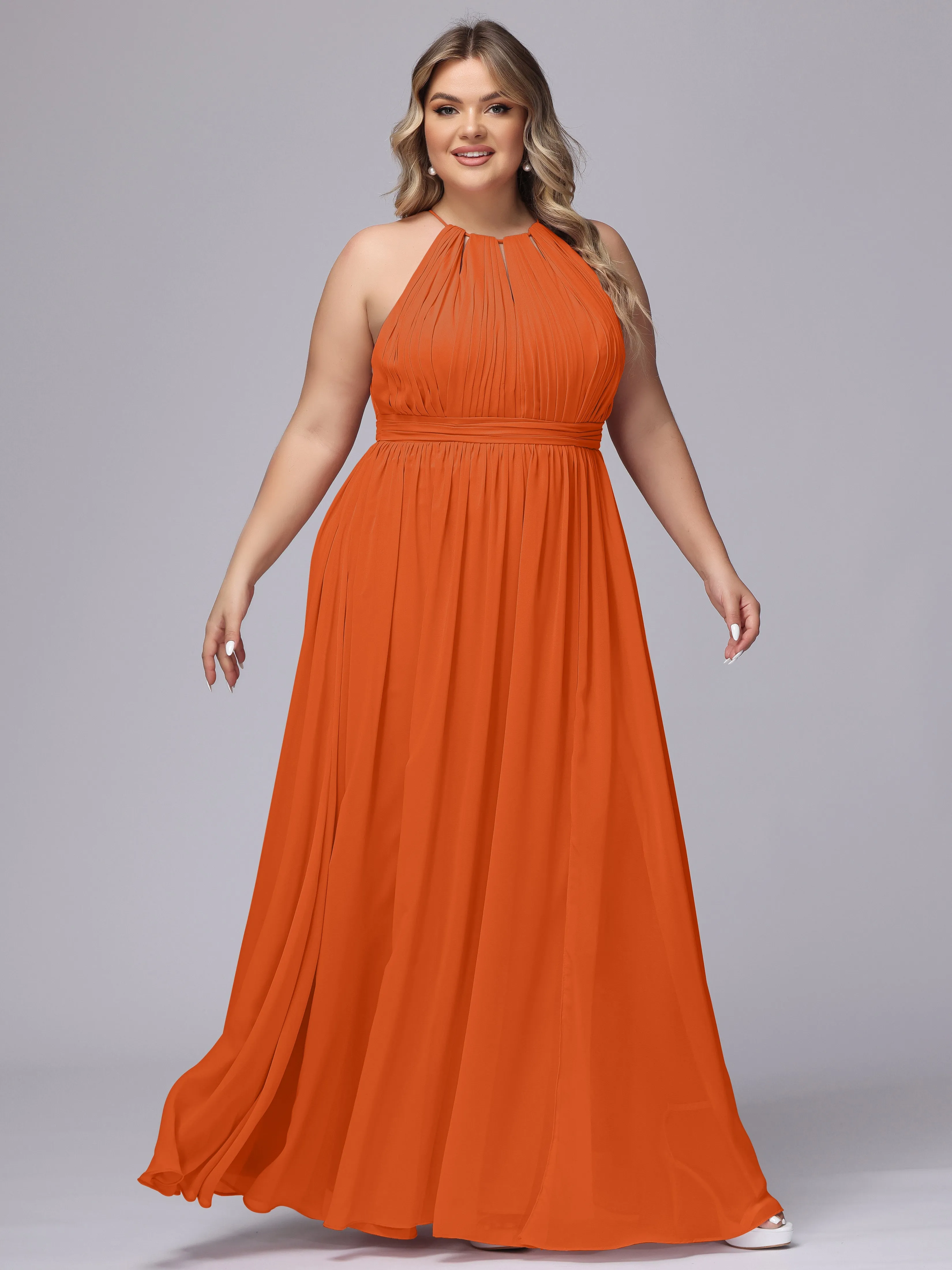 Chiffon Floor Length Halter Plus Size Split Bridesmaid Dresses