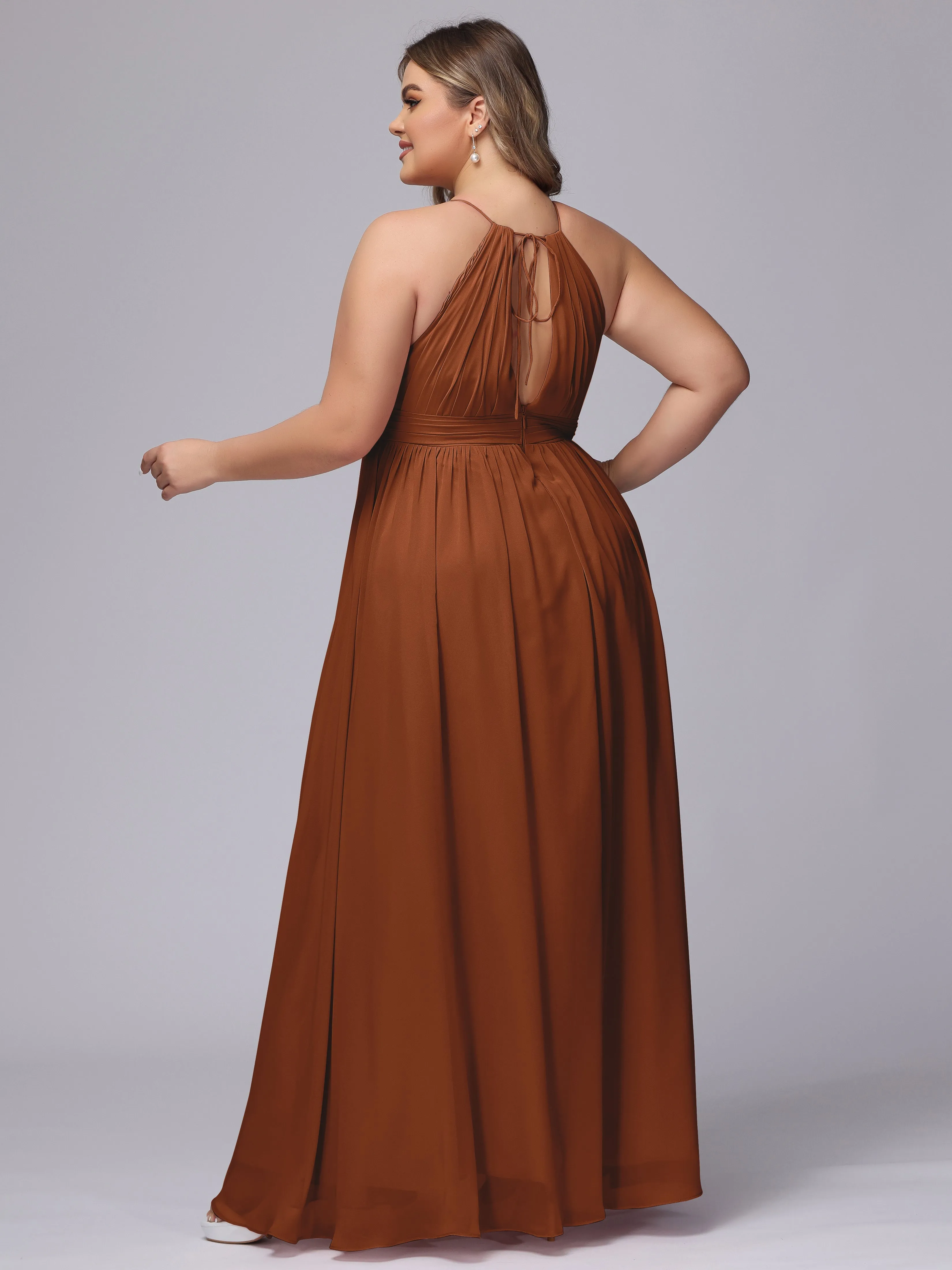 Chiffon Floor Length Halter Plus Size Split Bridesmaid Dresses