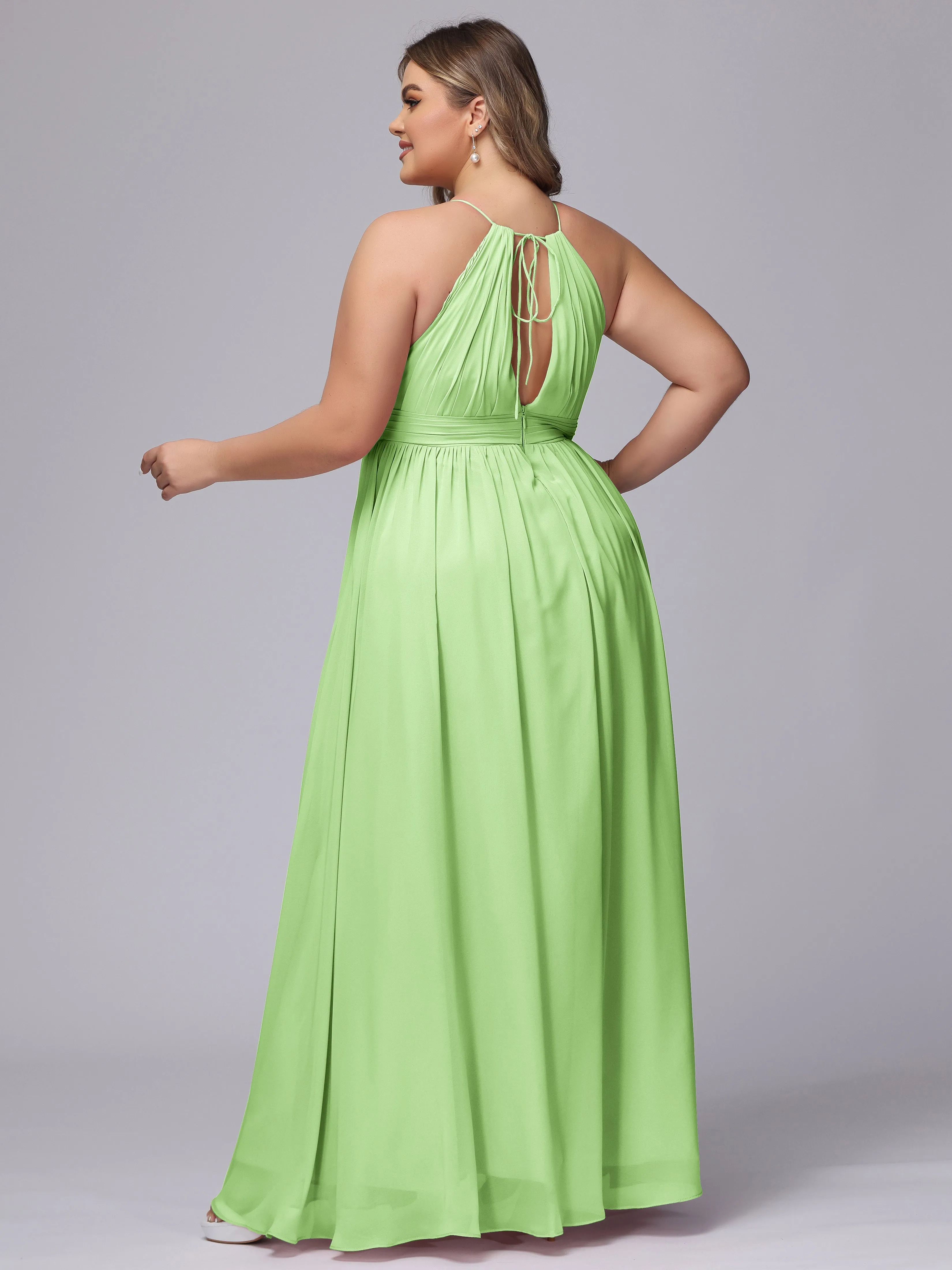 Chiffon Floor Length Halter Plus Size Split Bridesmaid Dresses