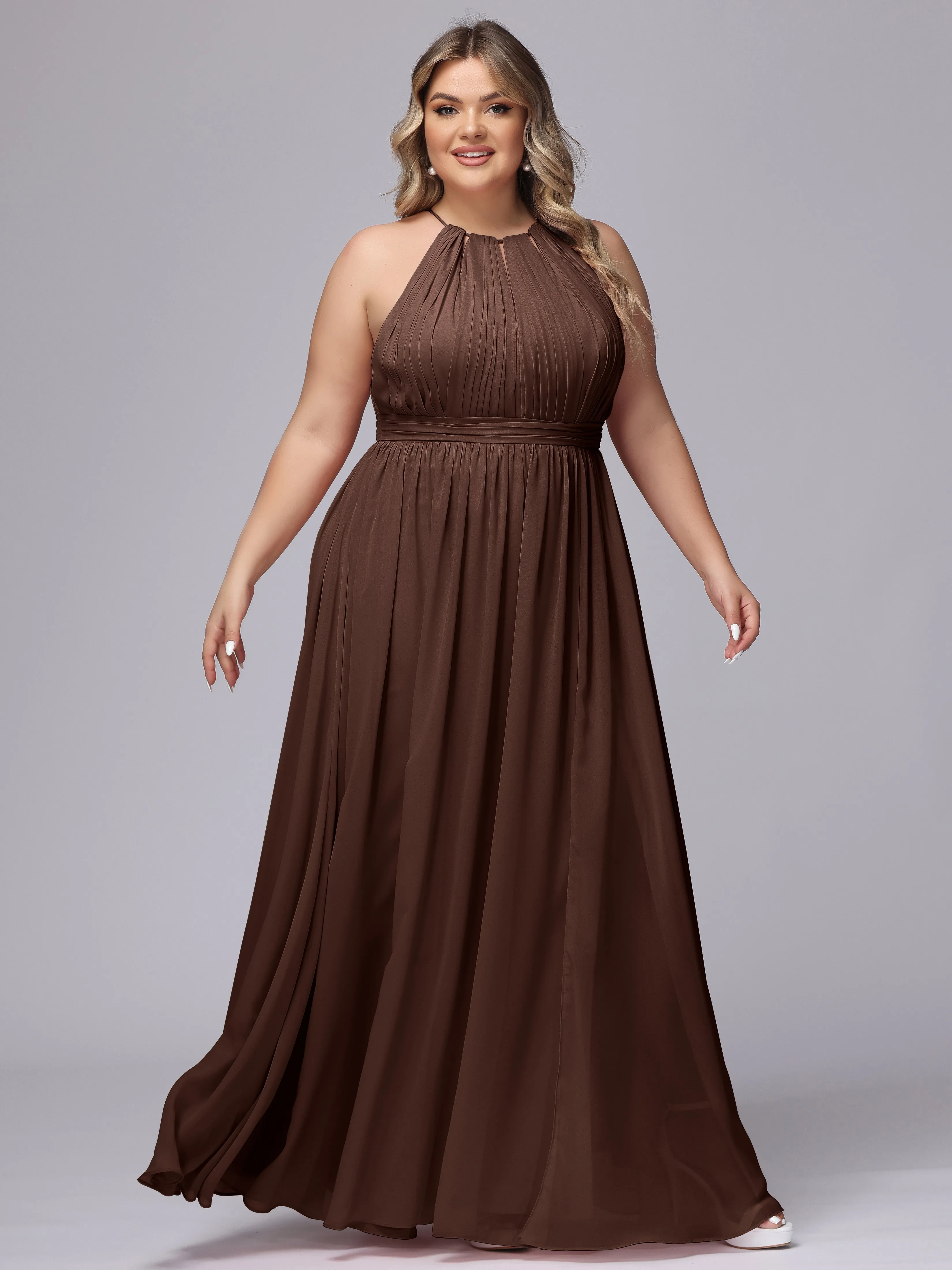 Chiffon Floor Length Halter Plus Size Split Bridesmaid Dresses