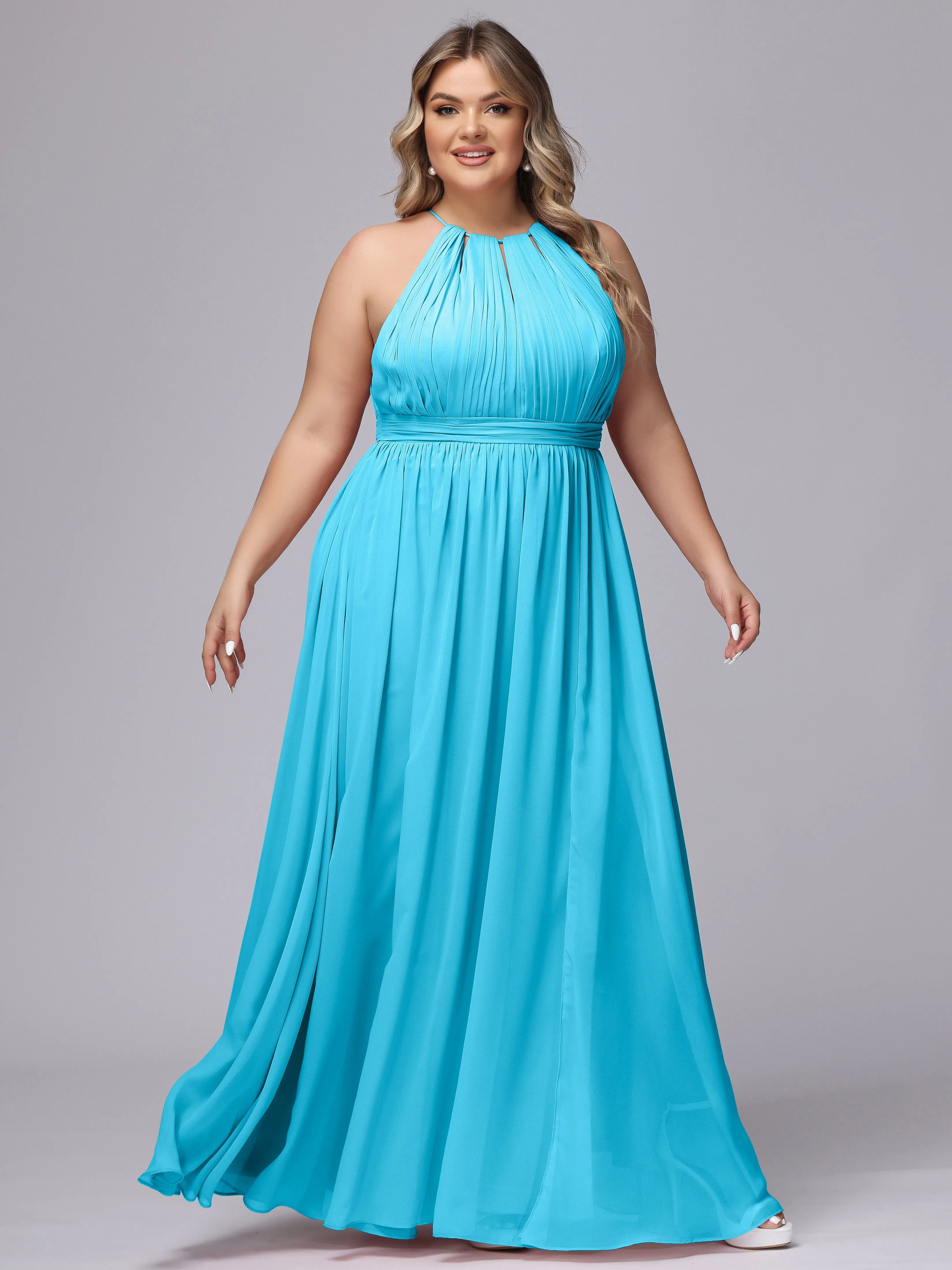 Chiffon Floor Length Halter Plus Size Split Bridesmaid Dresses