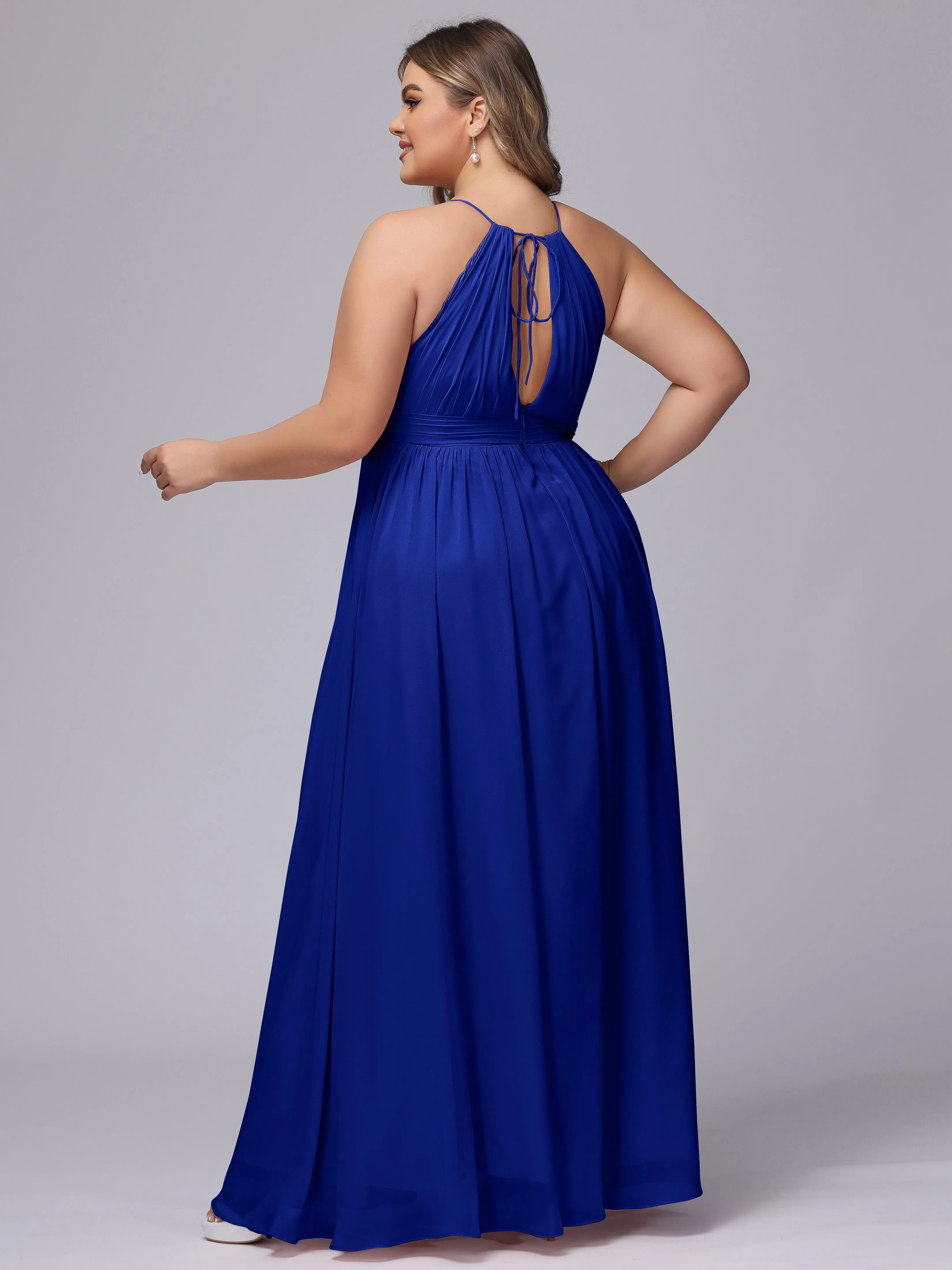 Chiffon Floor Length Halter Plus Size Split Bridesmaid Dresses