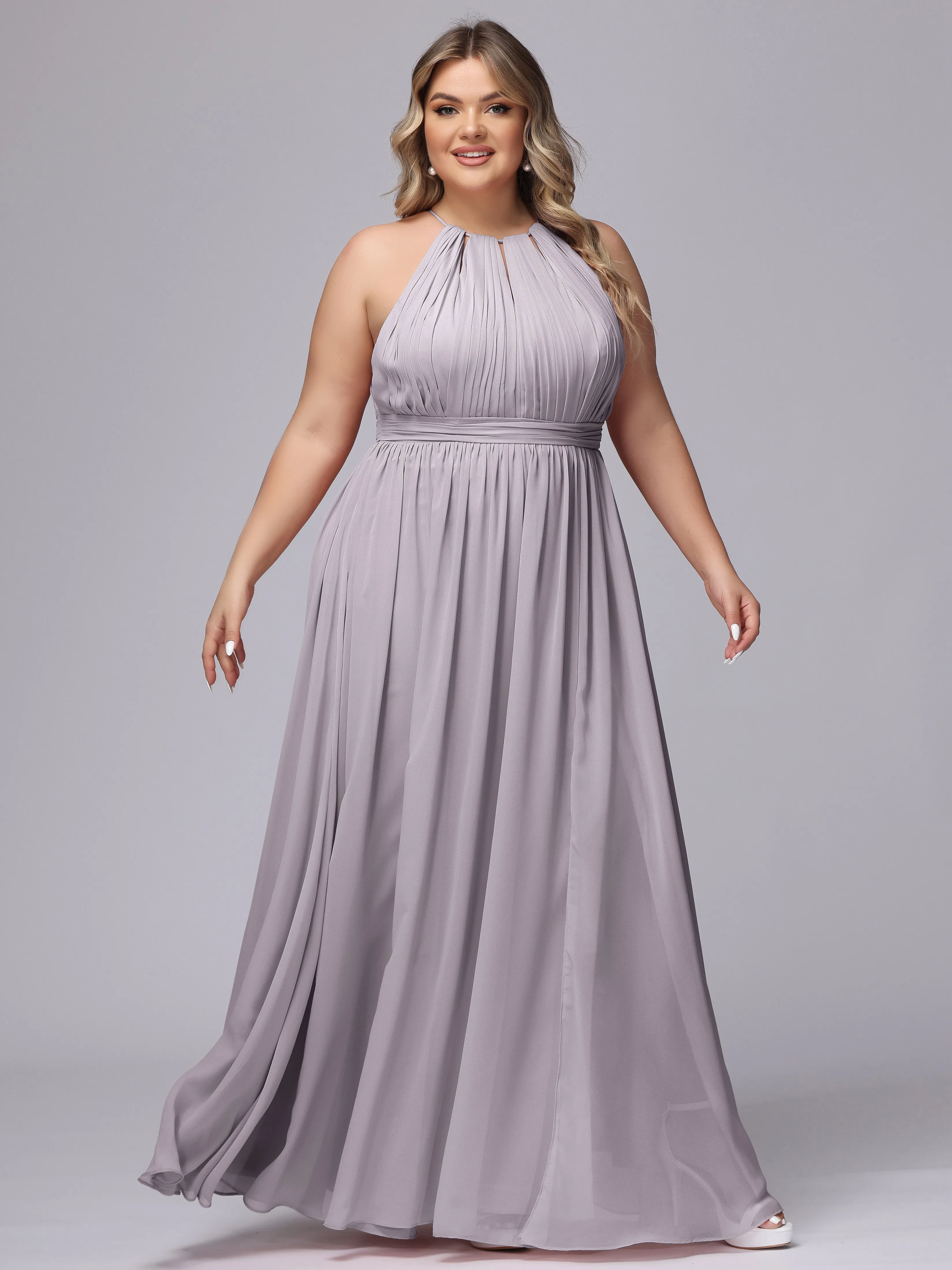 Chiffon Floor Length Halter Plus Size Split Bridesmaid Dresses