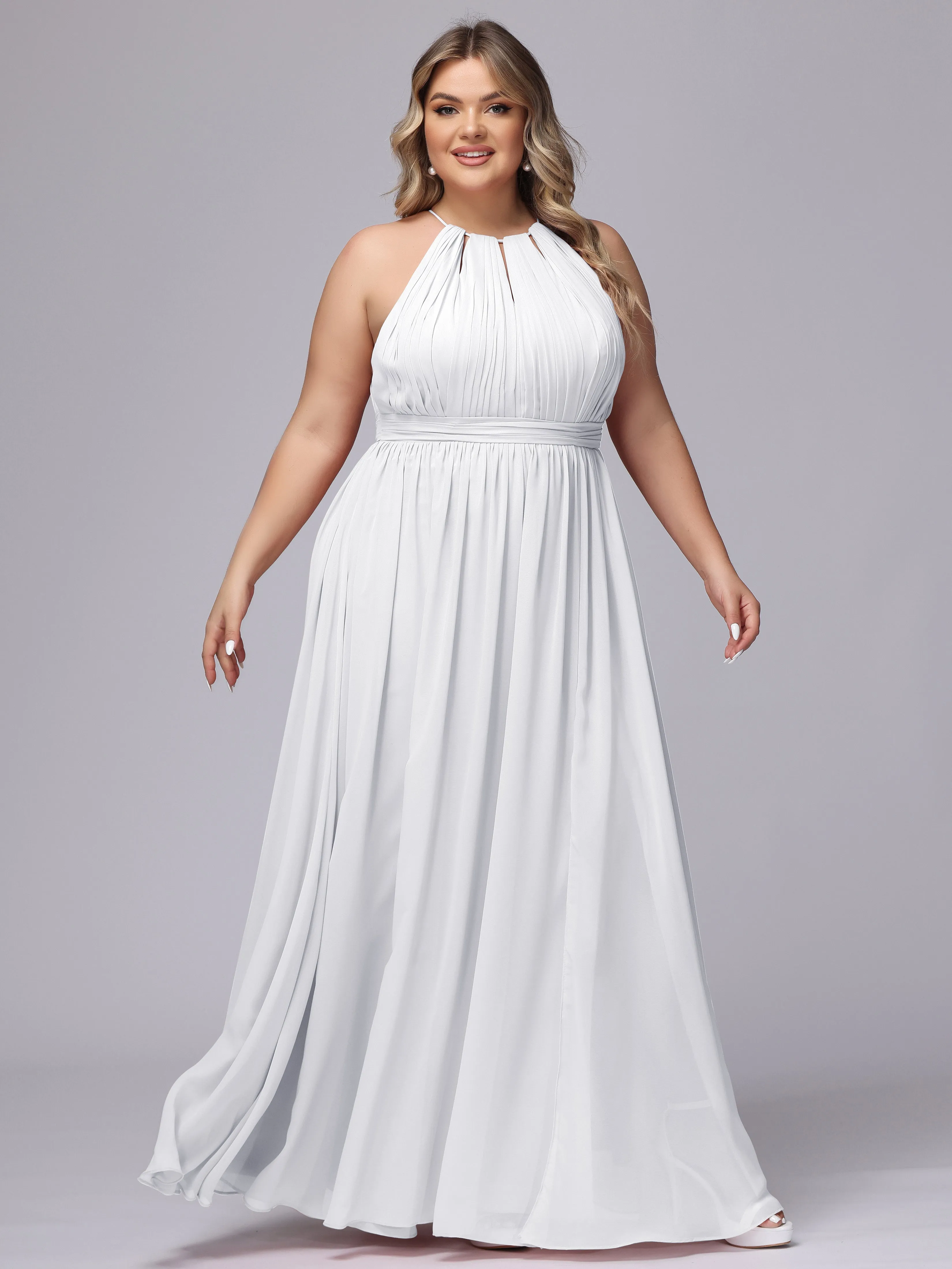 Chiffon Floor Length Halter Plus Size Split Bridesmaid Dresses