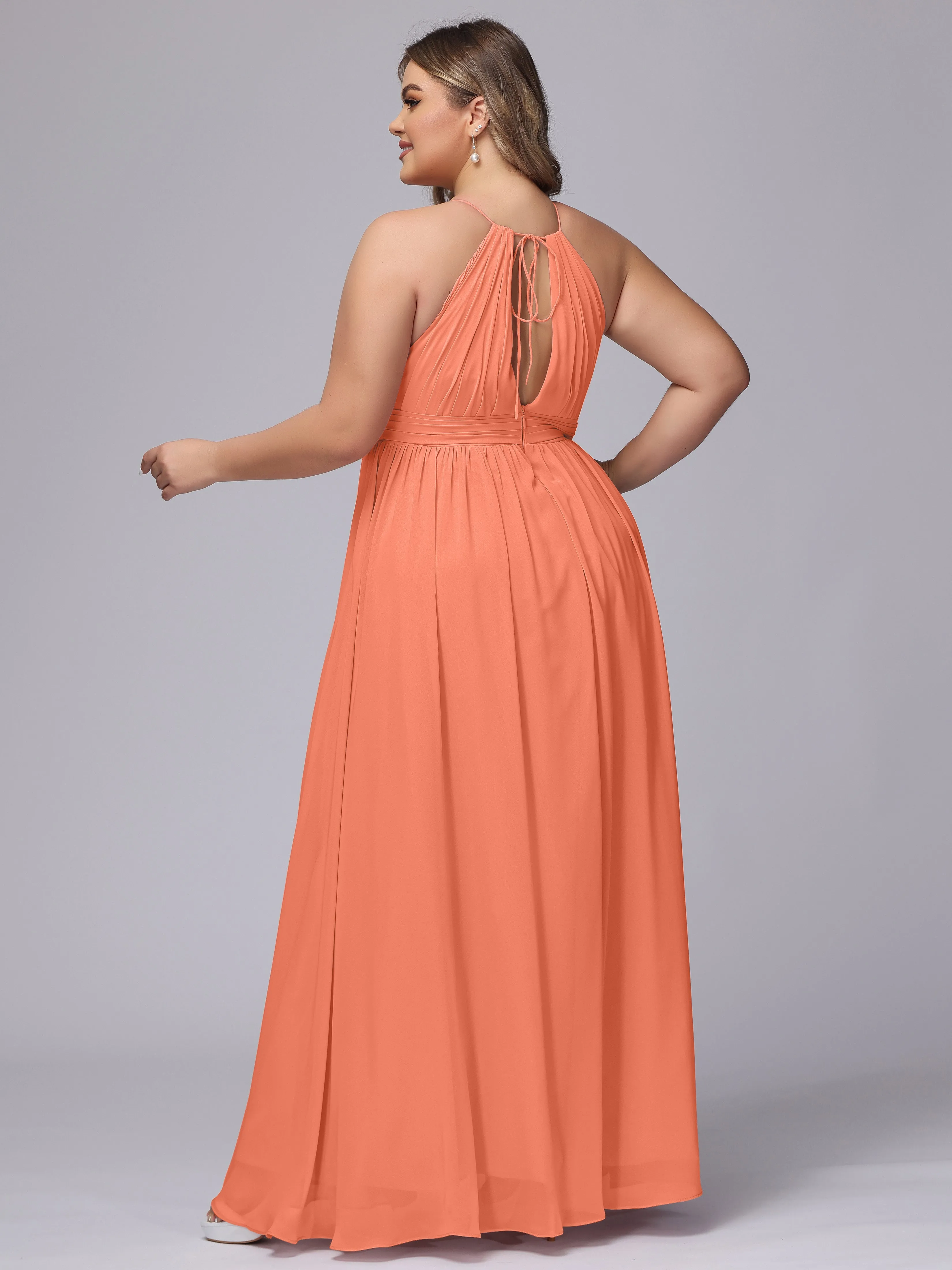 Chiffon Floor Length Halter Plus Size Split Bridesmaid Dresses