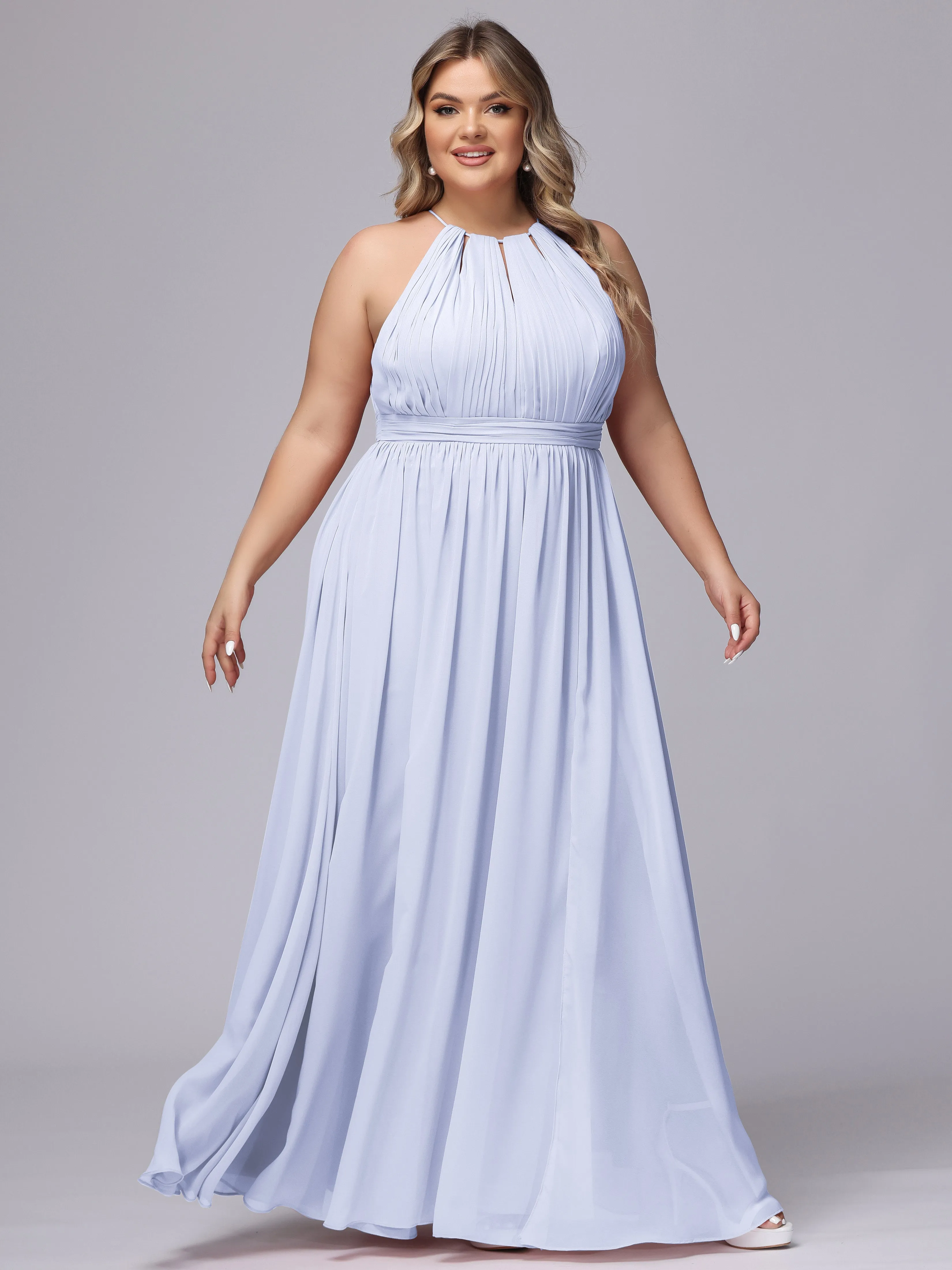 Chiffon Floor Length Halter Plus Size Split Bridesmaid Dresses