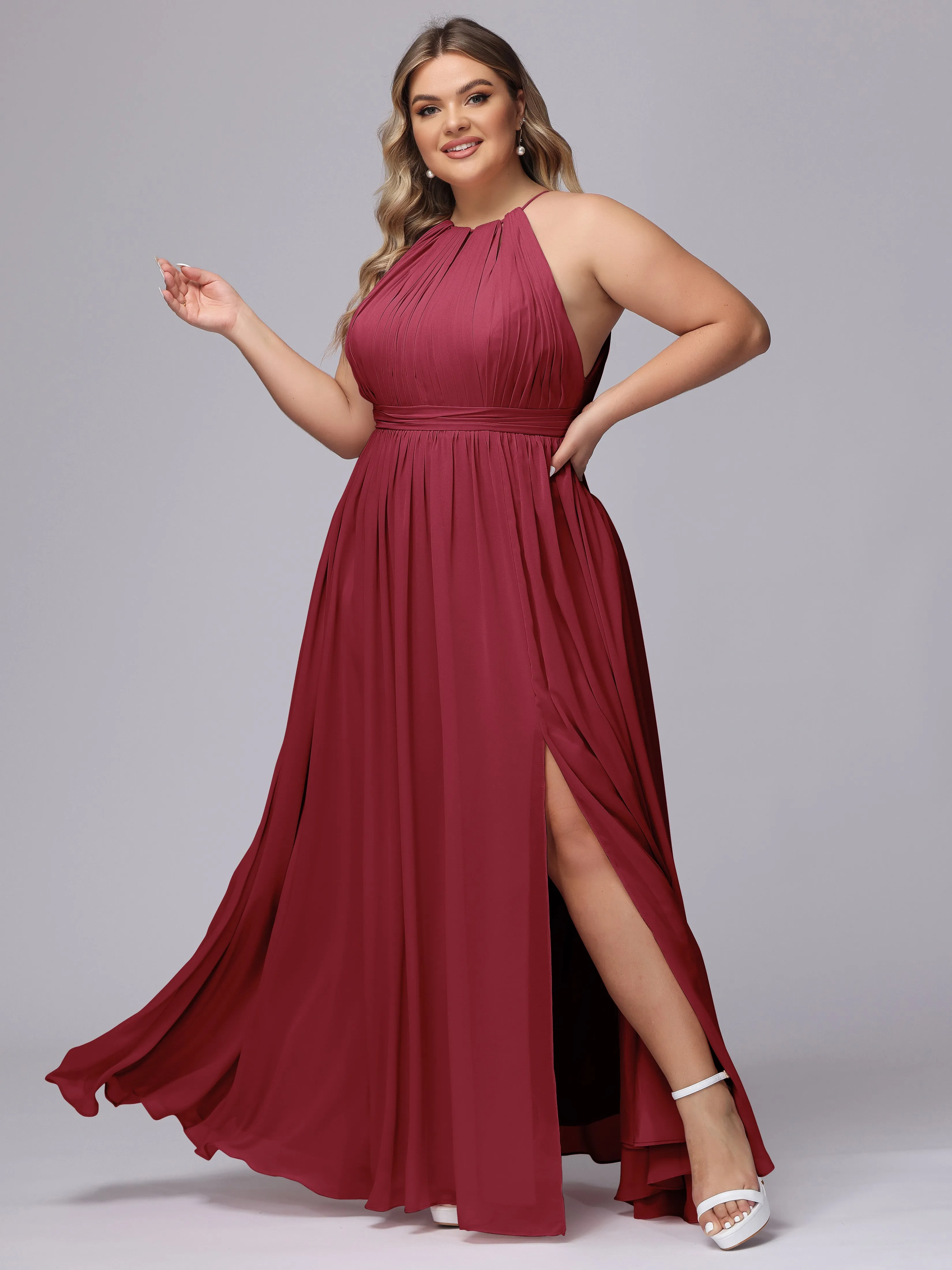 Chiffon Floor Length Halter Plus Size Split Bridesmaid Dresses