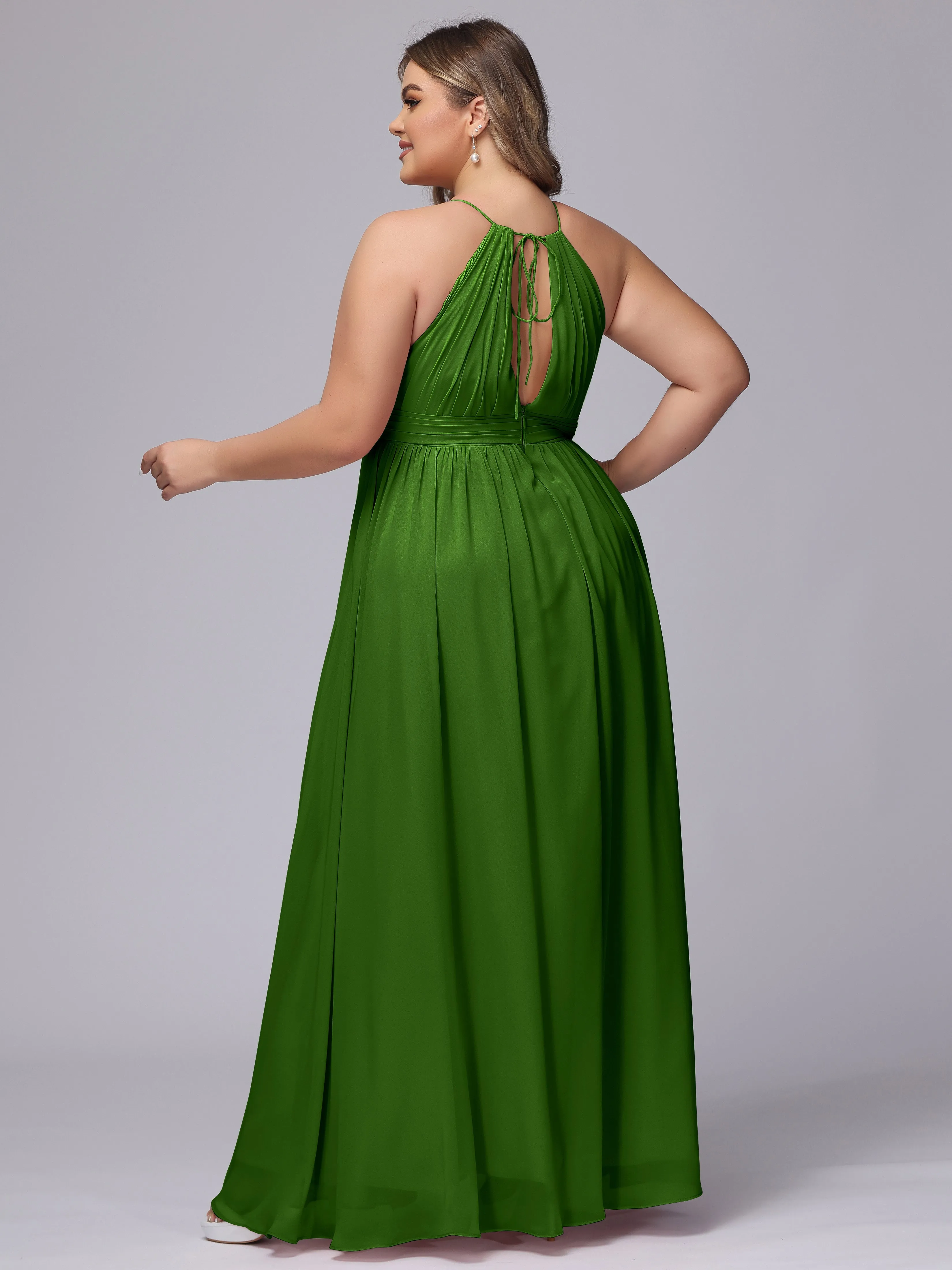 Chiffon Floor Length Halter Plus Size Split Bridesmaid Dresses
