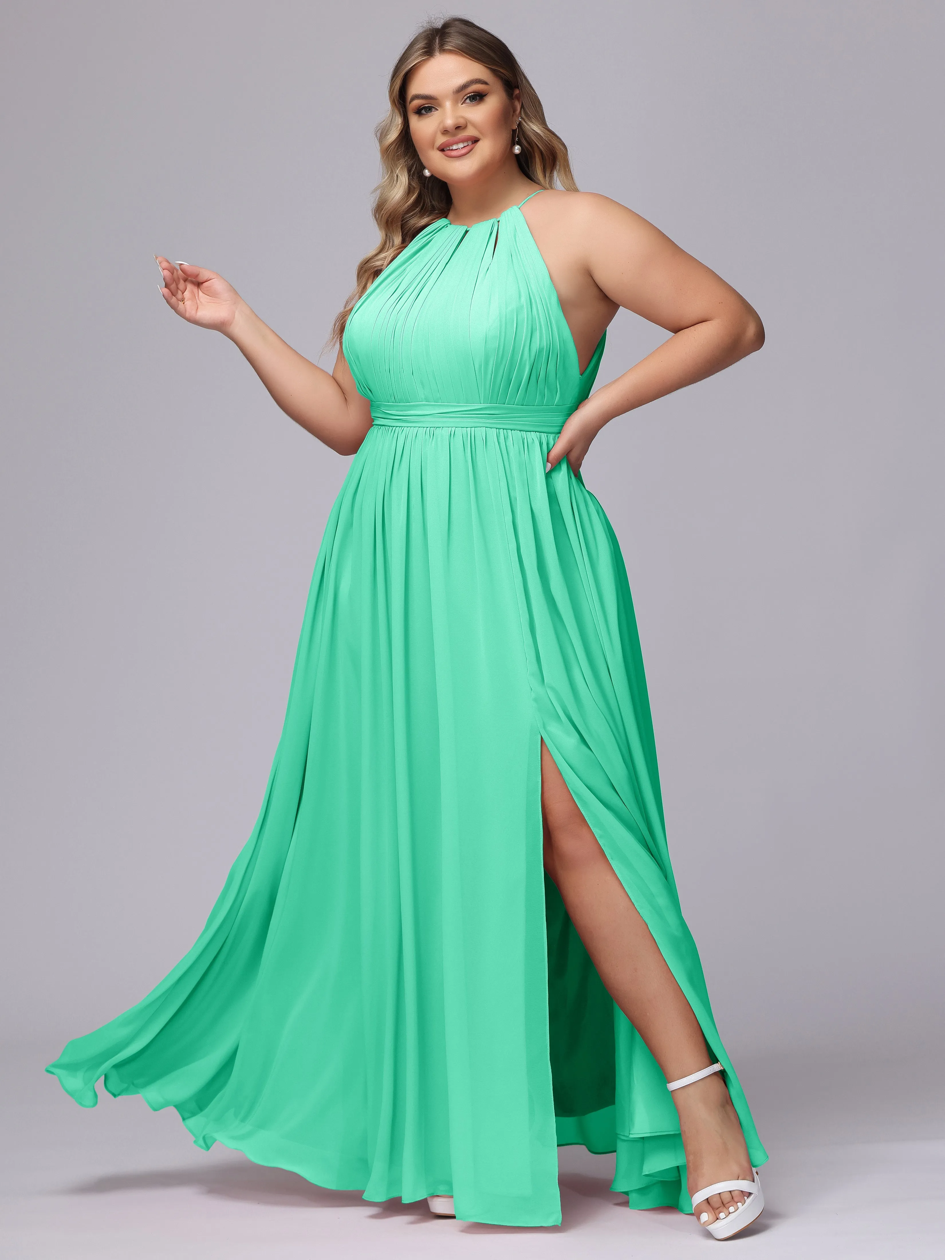 Chiffon Floor Length Halter Plus Size Split Bridesmaid Dresses
