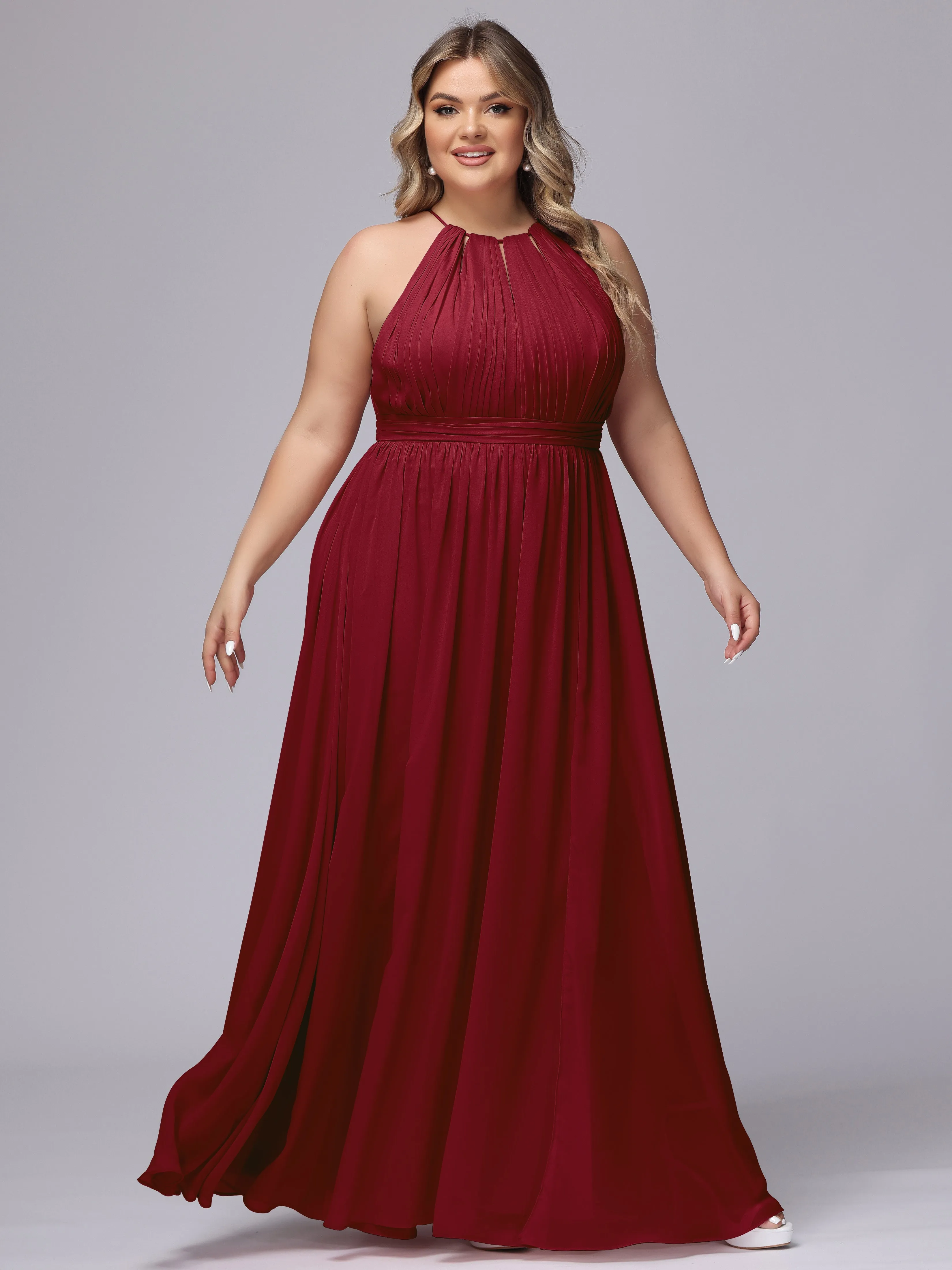 Chiffon Floor Length Halter Plus Size Split Bridesmaid Dresses