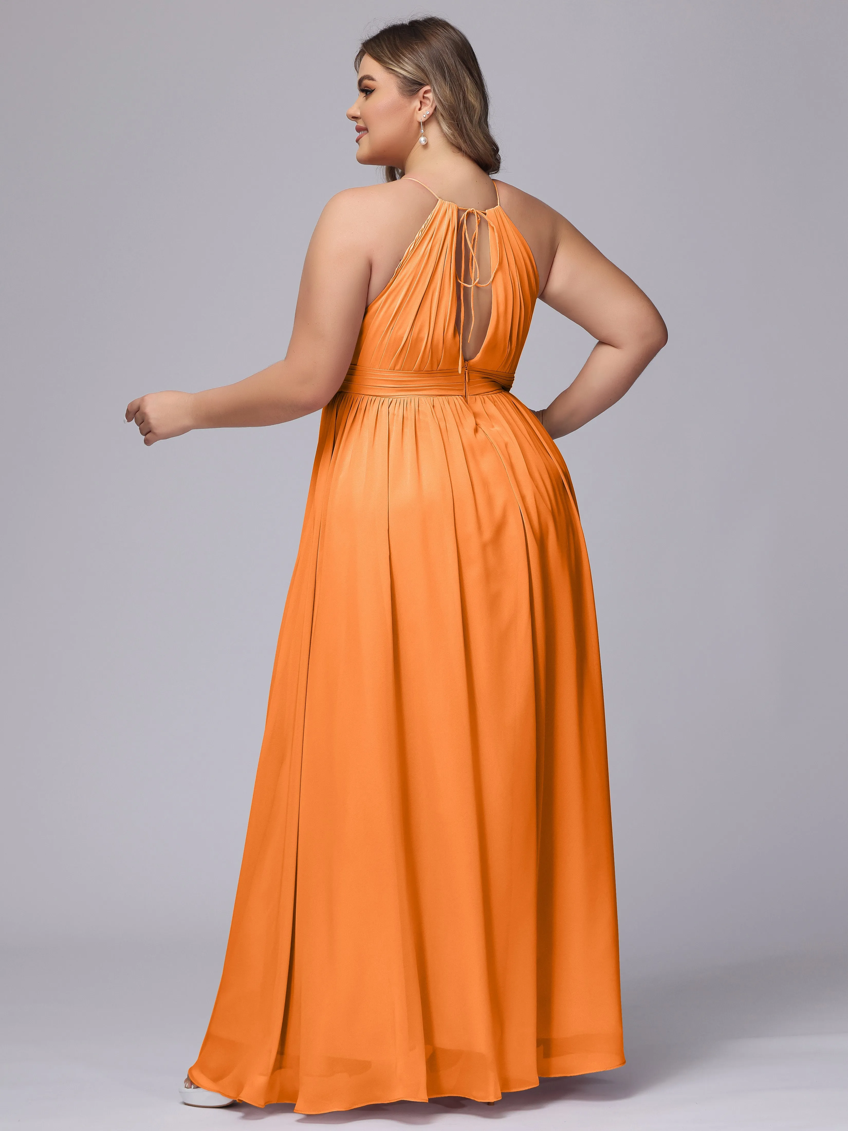 Chiffon Floor Length Halter Plus Size Split Bridesmaid Dresses