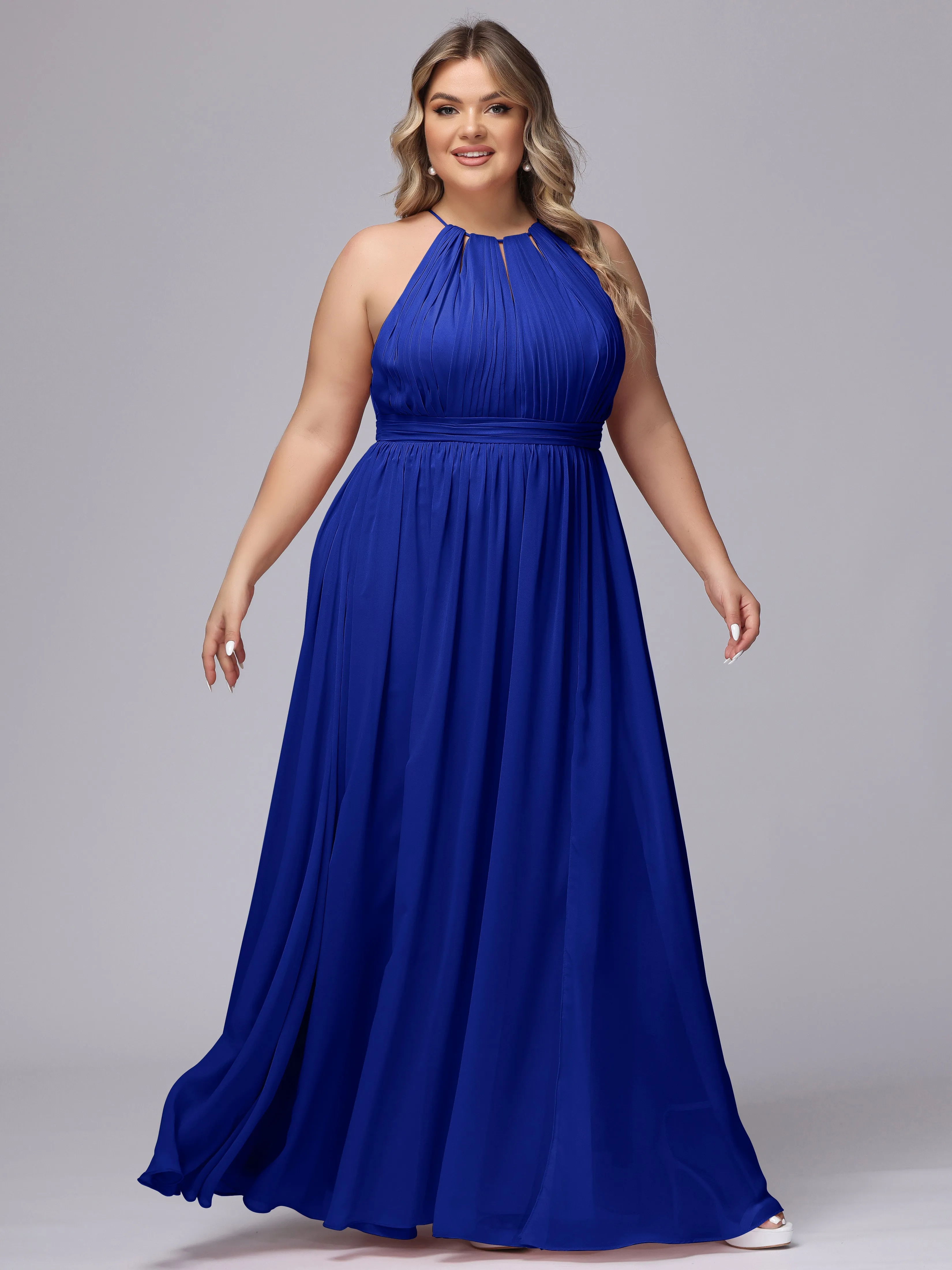 Chiffon Floor Length Halter Plus Size Split Bridesmaid Dresses
