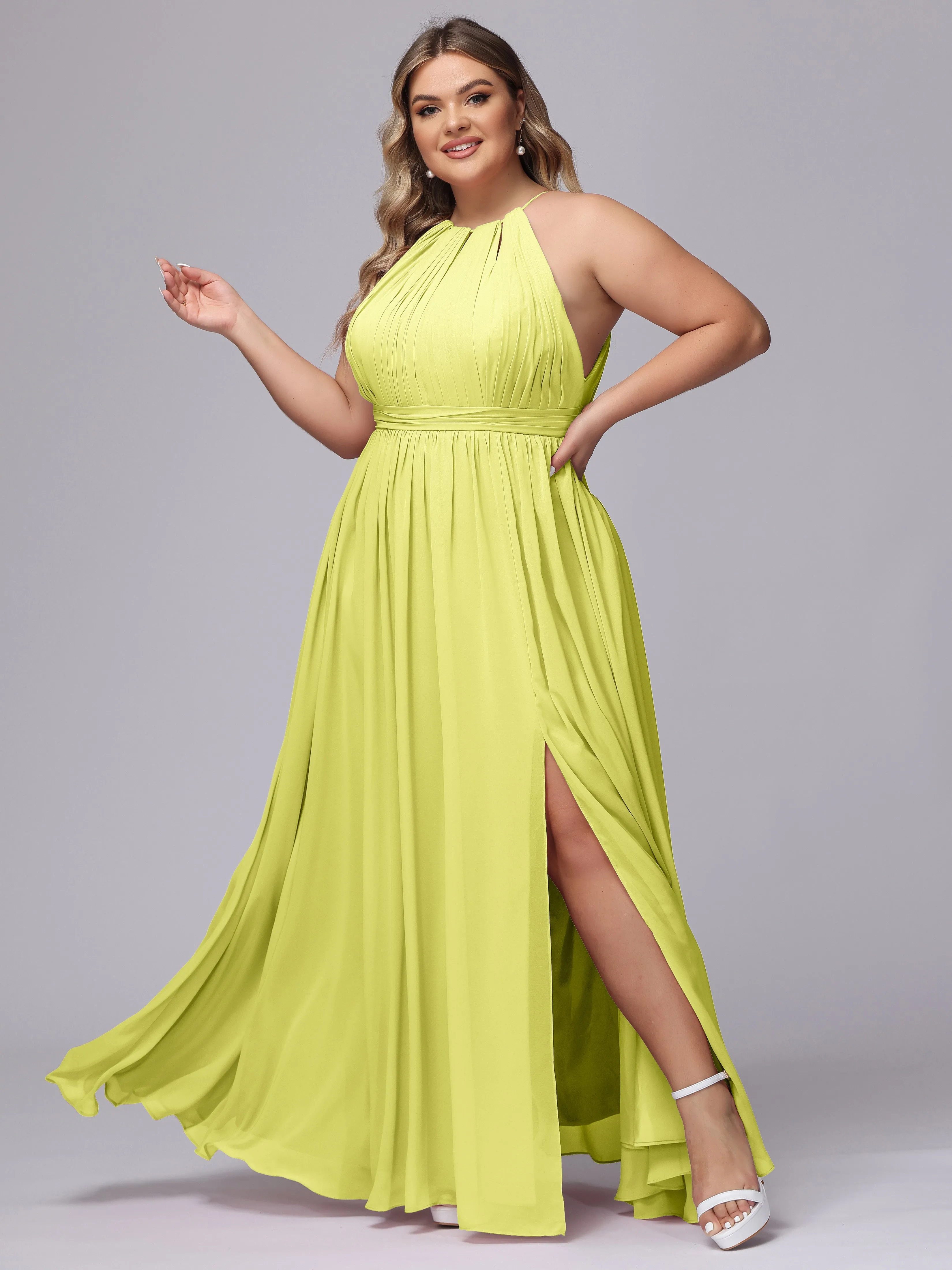 Chiffon Floor Length Halter Plus Size Split Bridesmaid Dresses