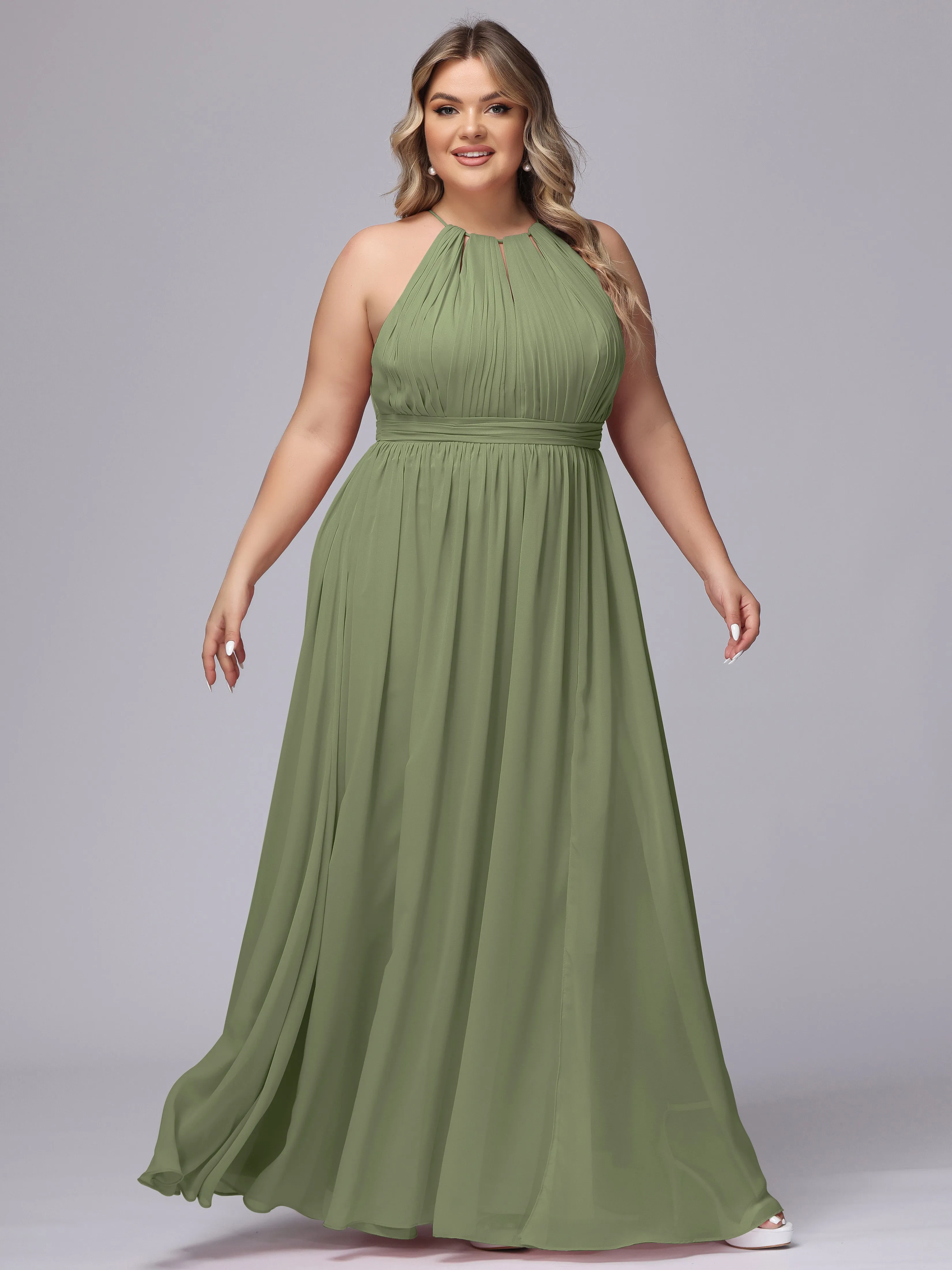 Chiffon Floor Length Halter Plus Size Split Bridesmaid Dresses