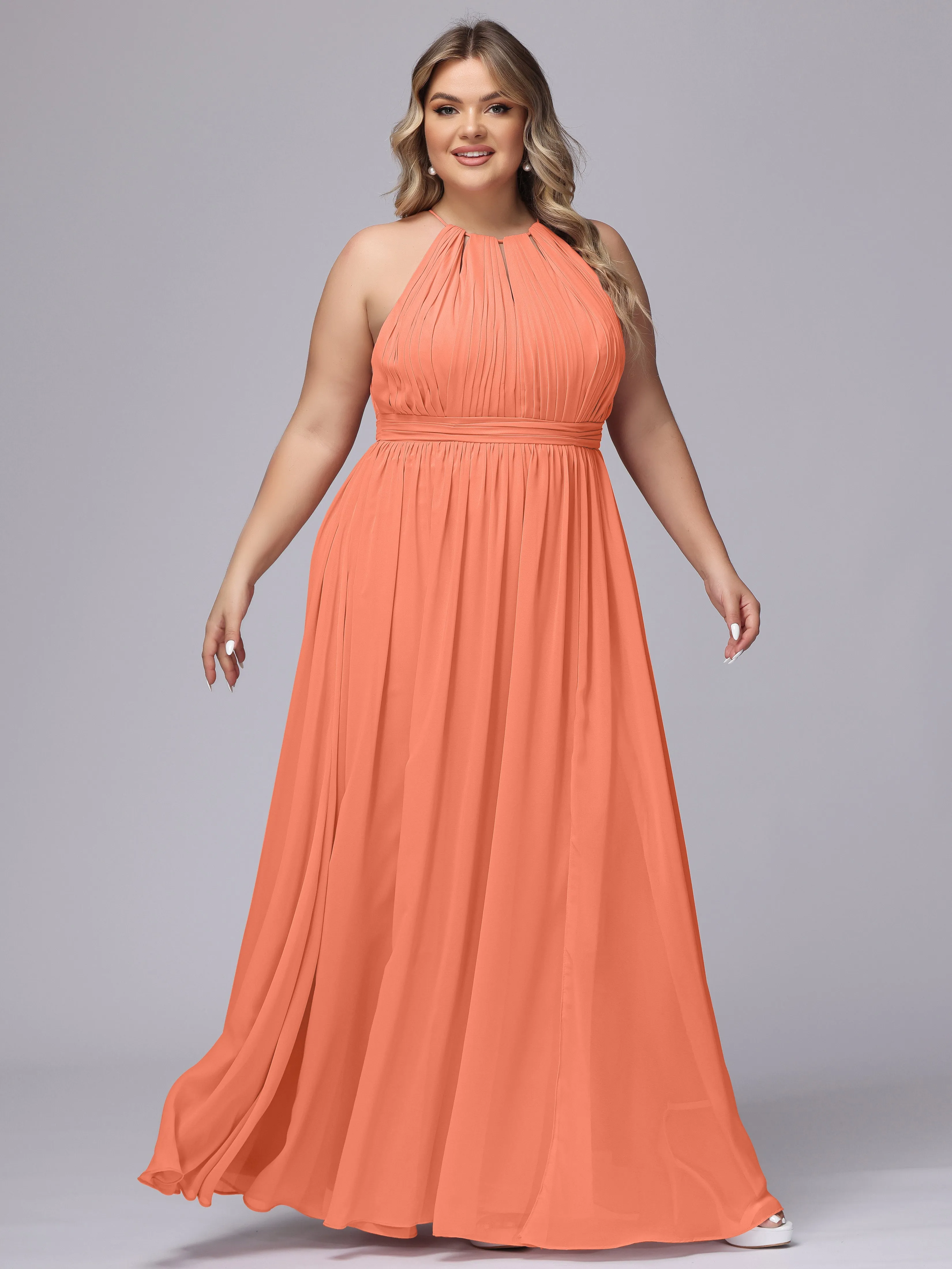 Chiffon Floor Length Halter Plus Size Split Bridesmaid Dresses