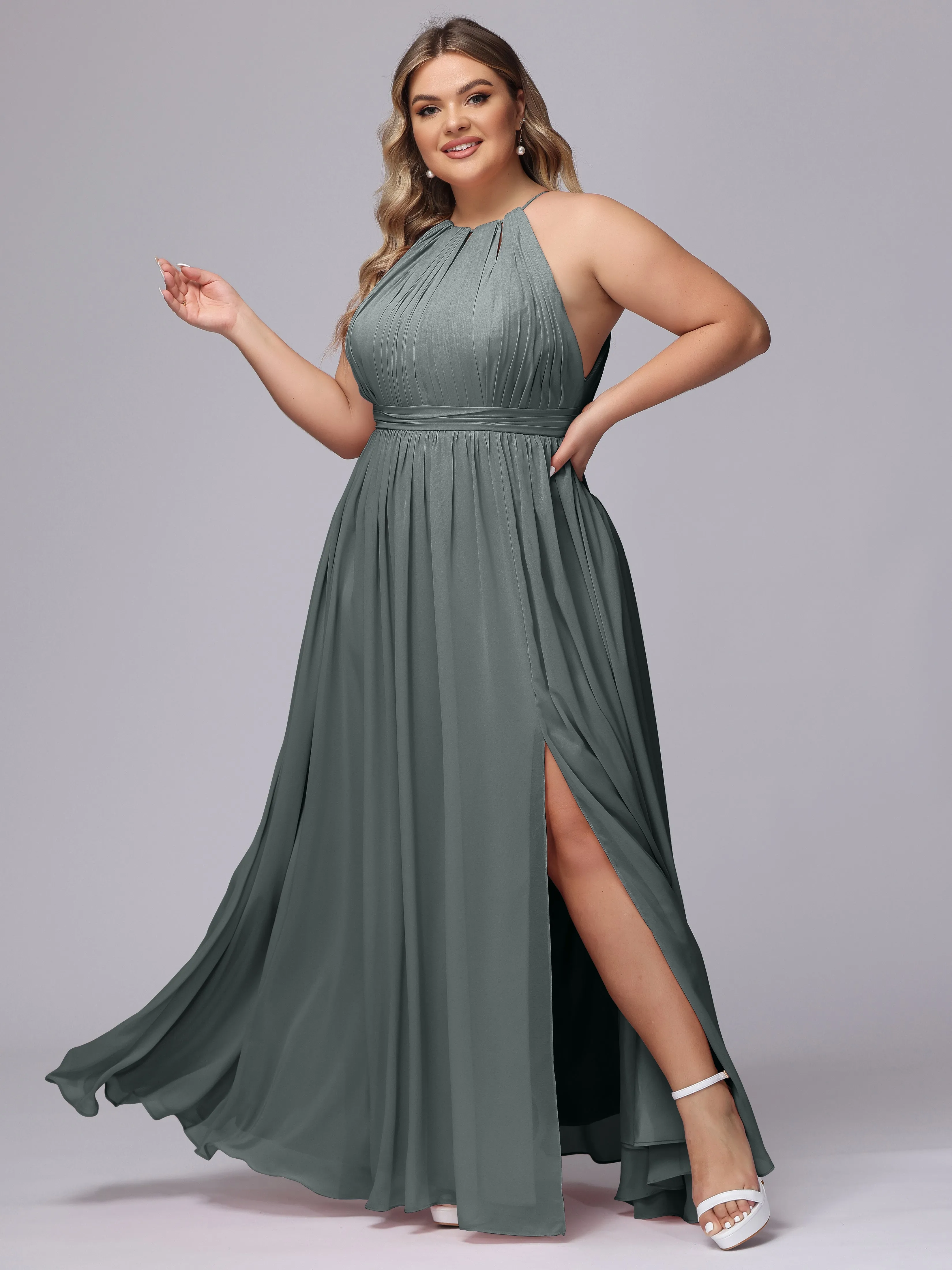 Chiffon Floor Length Halter Plus Size Split Bridesmaid Dresses