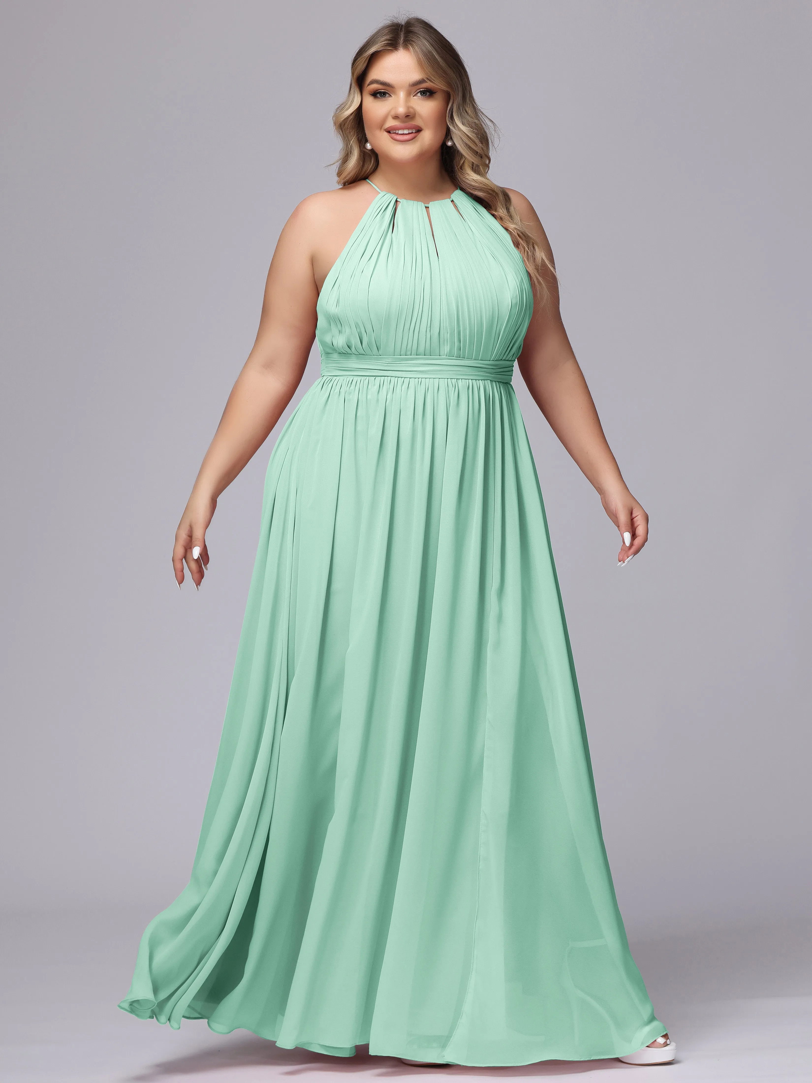 Chiffon Floor Length Halter Plus Size Split Bridesmaid Dresses