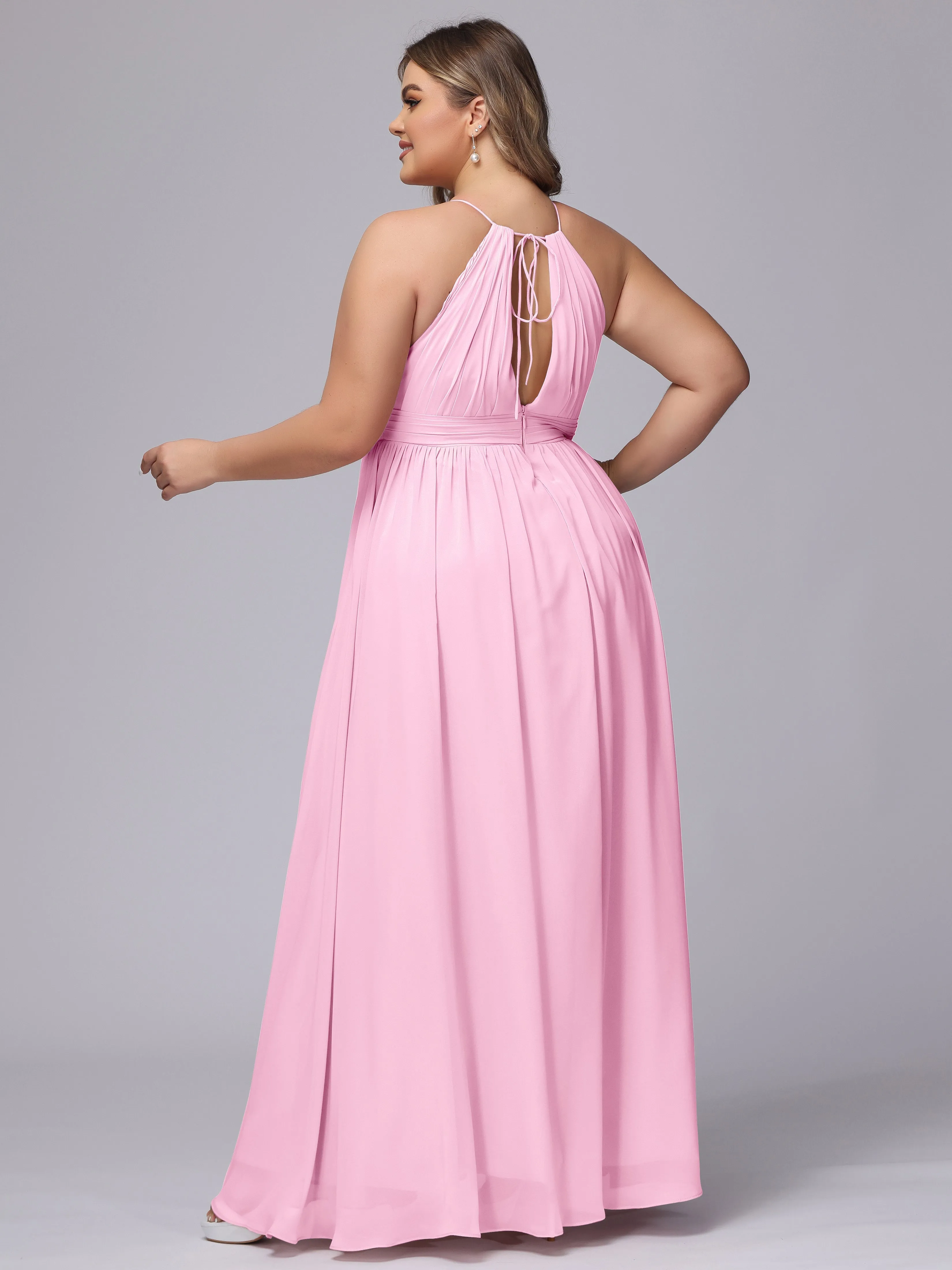 Chiffon Floor Length Halter Plus Size Split Bridesmaid Dresses