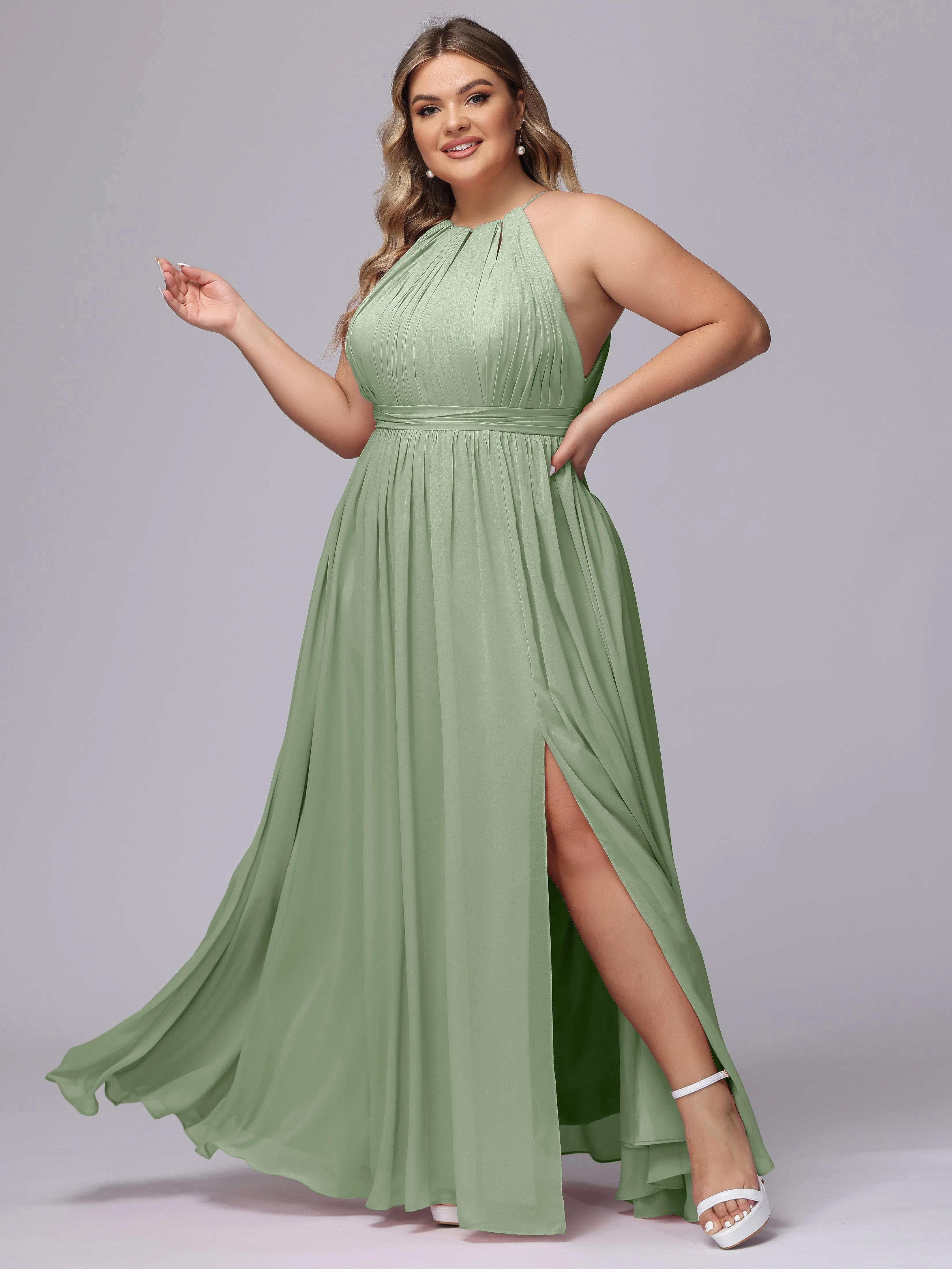 Chiffon Floor Length Halter Plus Size Split Bridesmaid Dresses