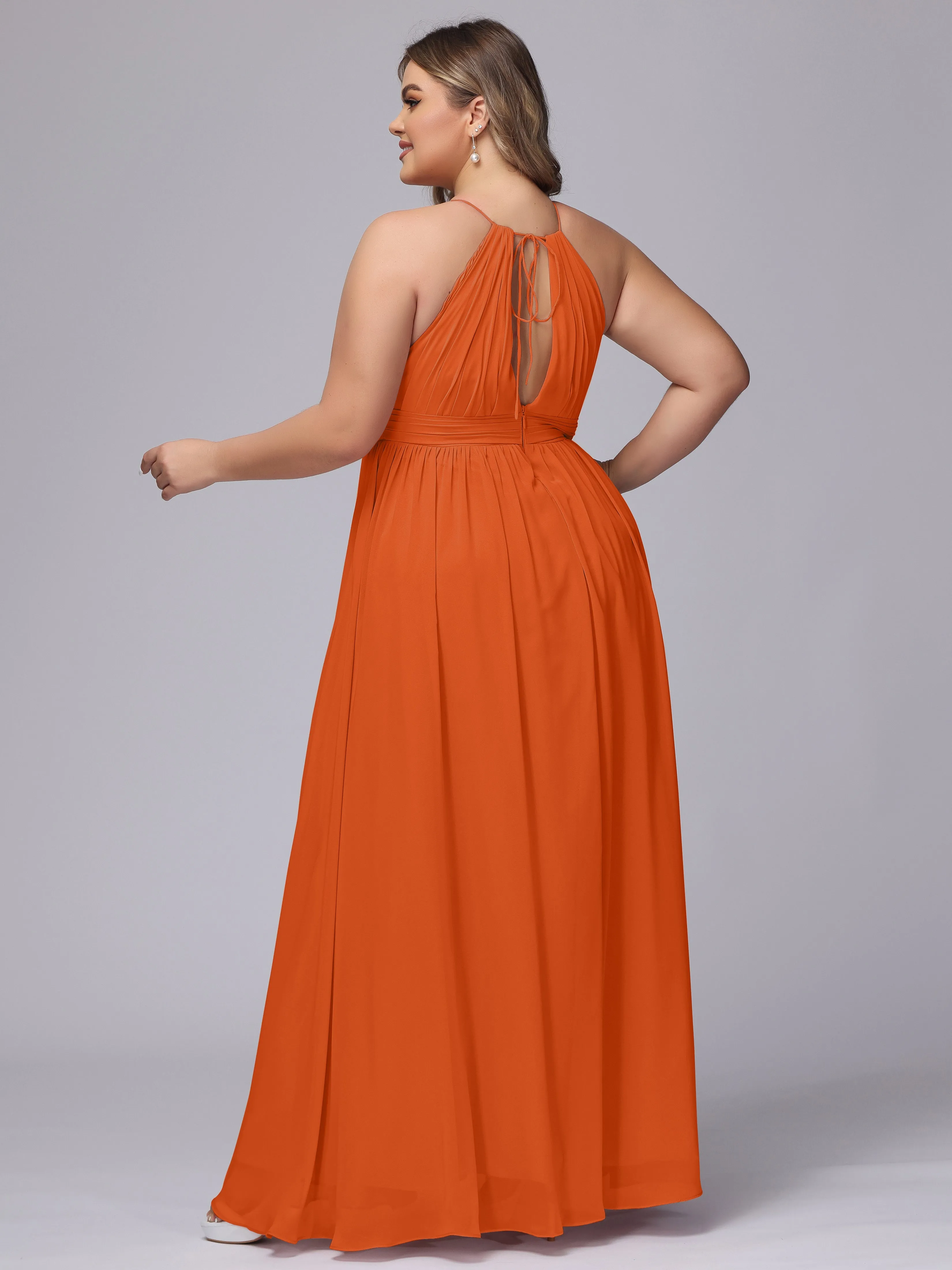 Chiffon Floor Length Halter Plus Size Split Bridesmaid Dresses