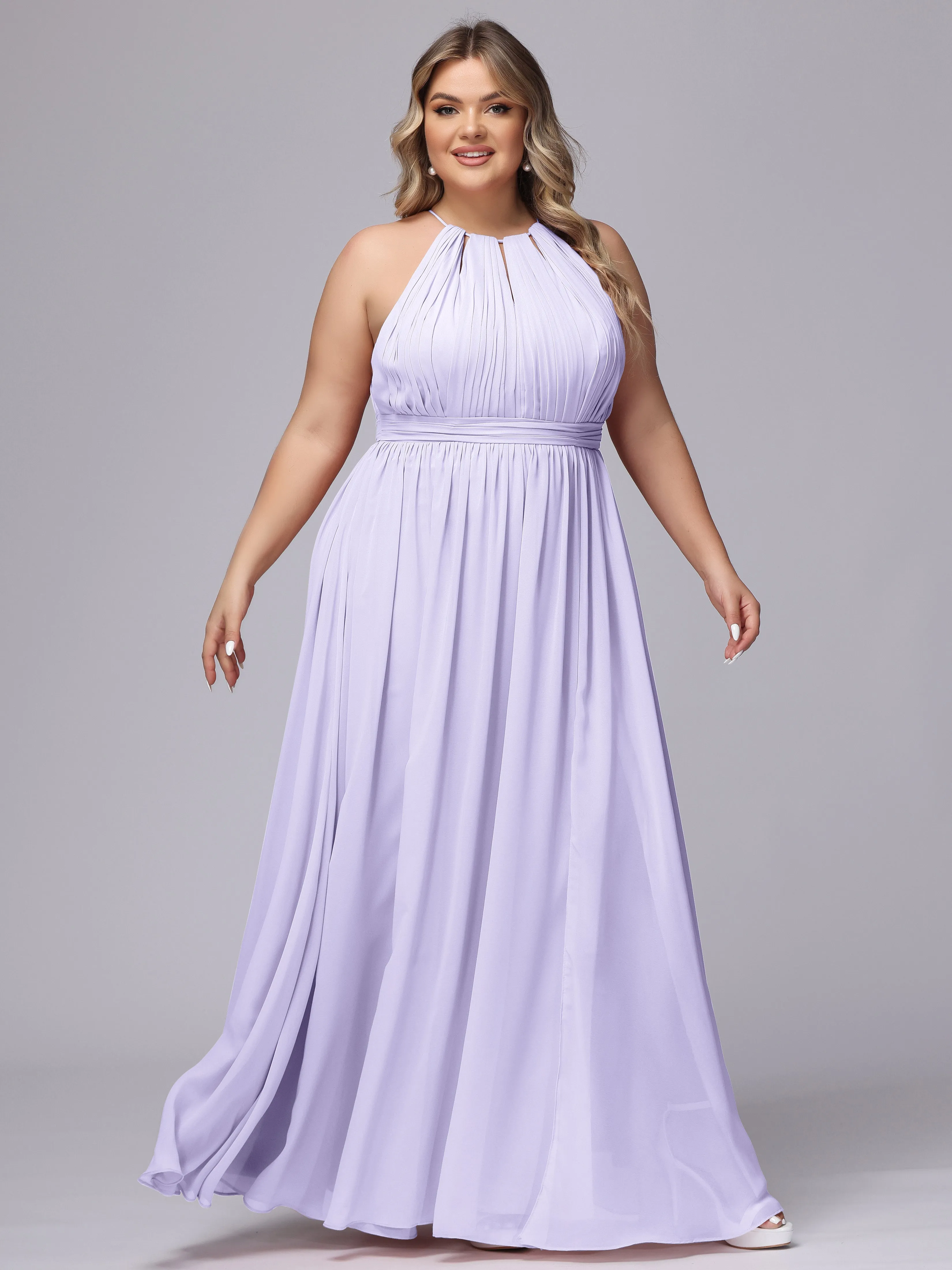 Chiffon Floor Length Halter Plus Size Split Bridesmaid Dresses