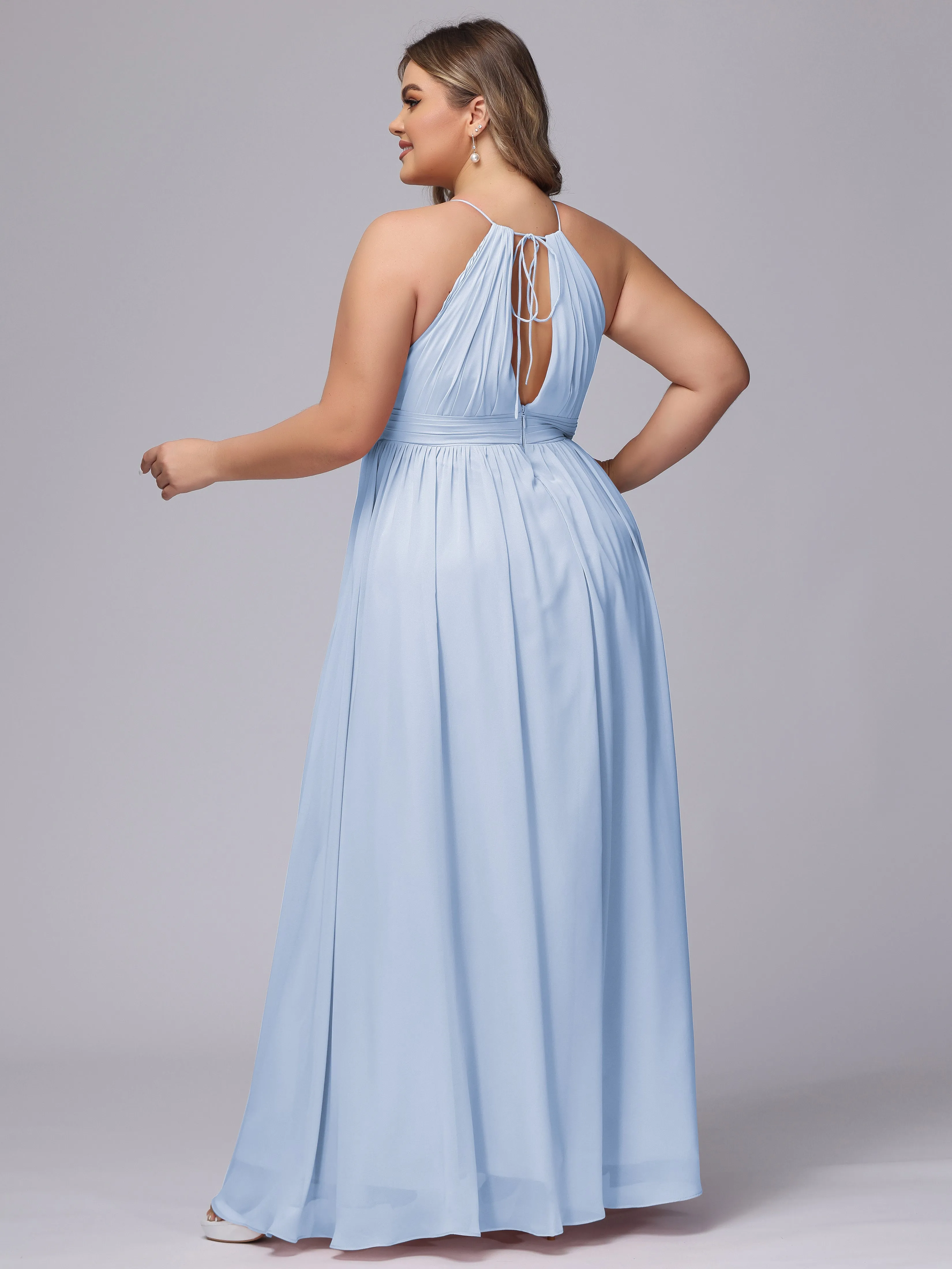 Chiffon Floor Length Halter Plus Size Split Bridesmaid Dresses
